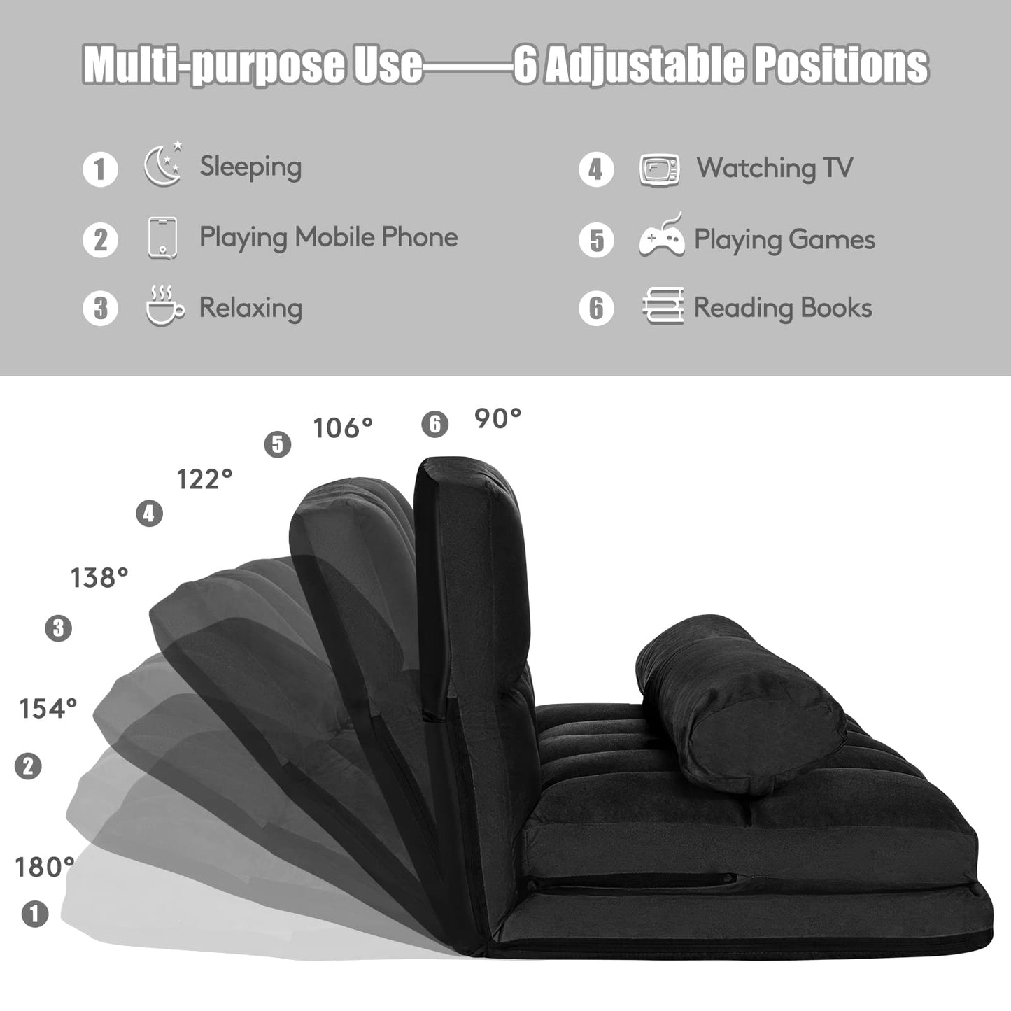 6-Position Adjustable Lounger Sleeper Seat Chair with 2 Pillows