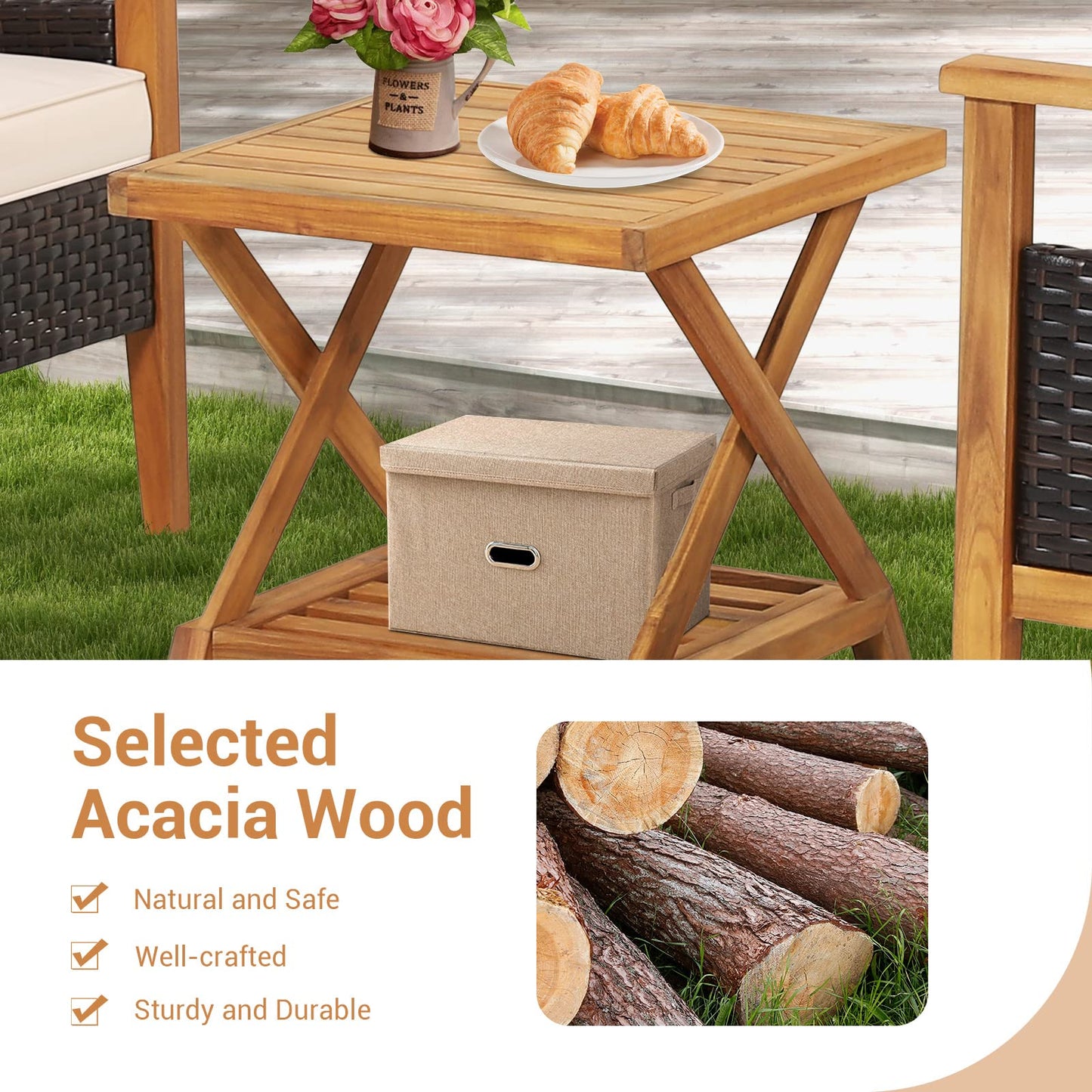 3 PCS Acacia Wood Garden Table and Chairs Patio Sofa Set with Coffee Table and Cushions
