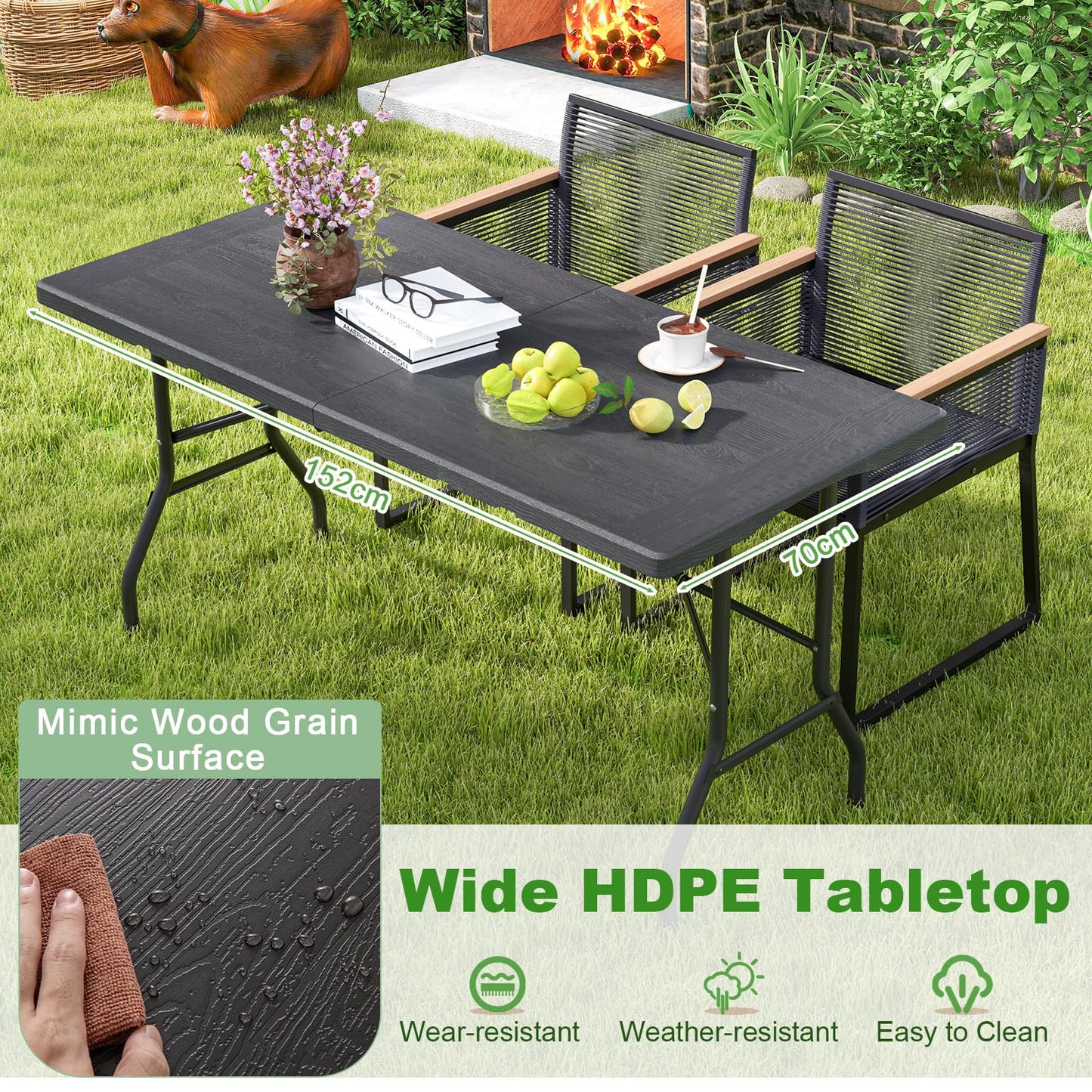 152 x 70 x 74 cm Folding Camping Table with Carrying Handle and HDPE Tabletop