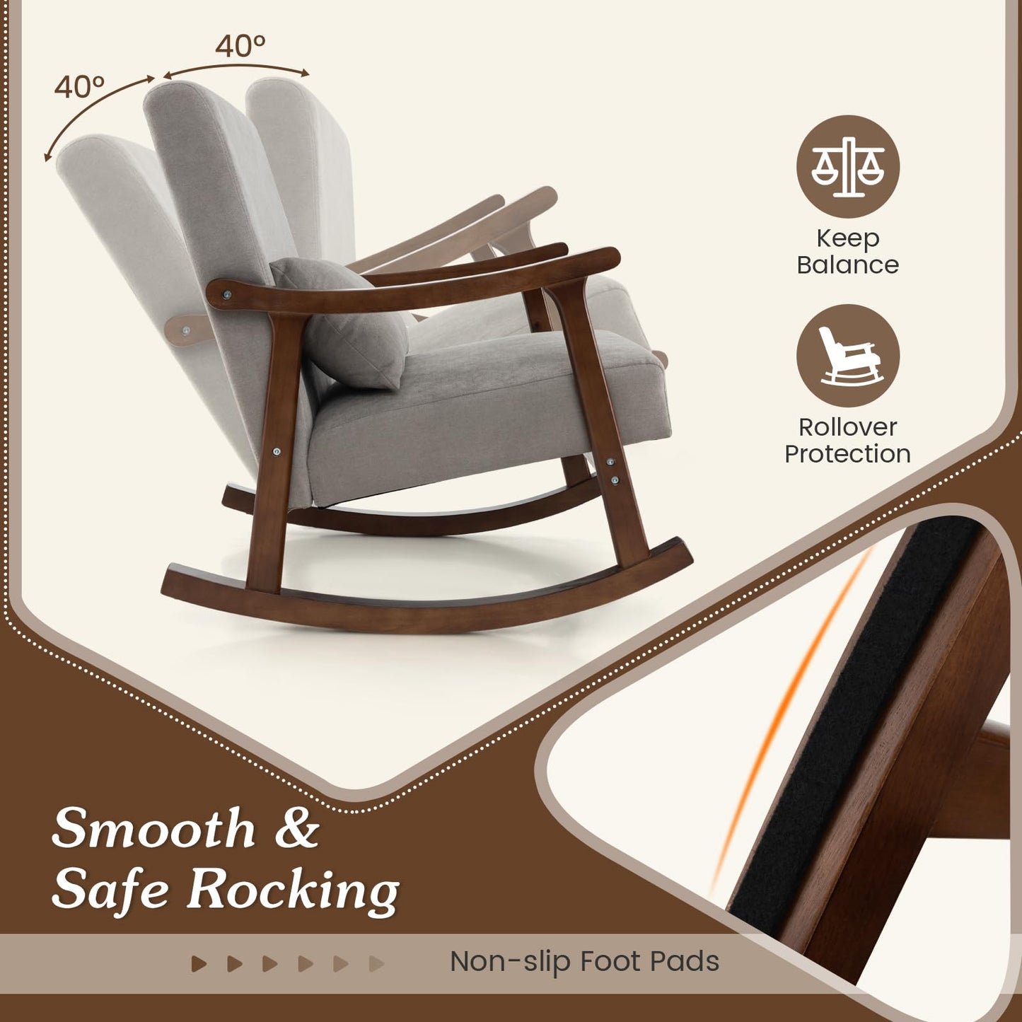 Nursery Rocking Accent Chair Rocker Armchair with Rubber Wood Armrests