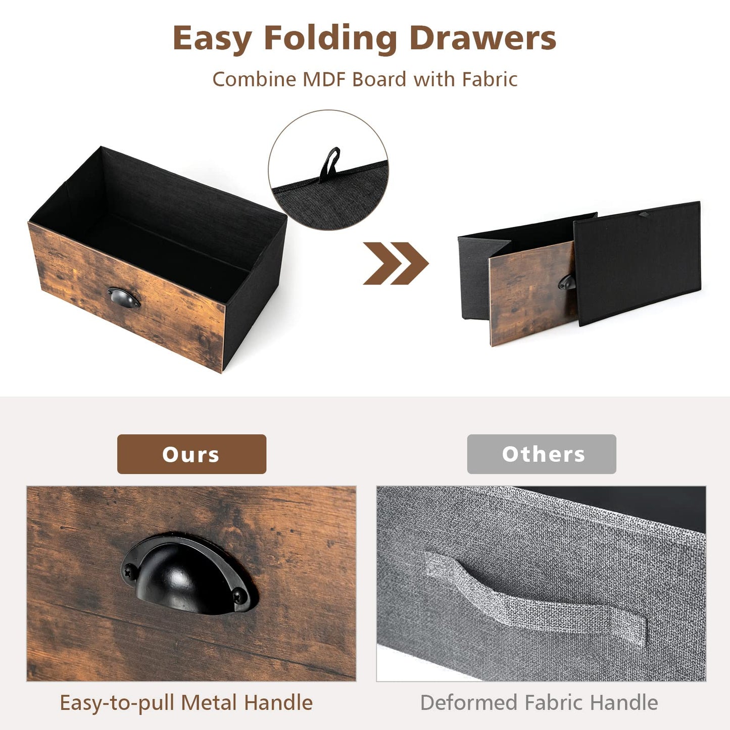 5 Drawer Multifunction Dresser with Foldable Drawers and Wooden Top