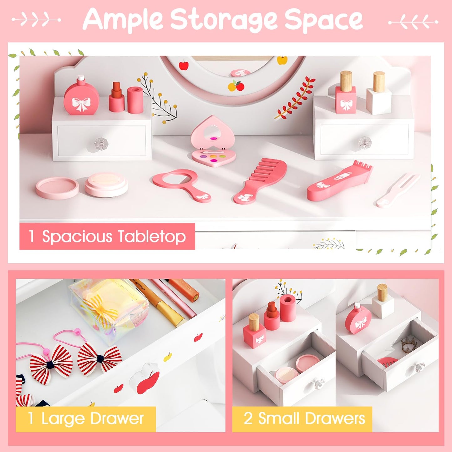 Princess Pretend Play Kids Vanity Set with 360° Rotating Mirror