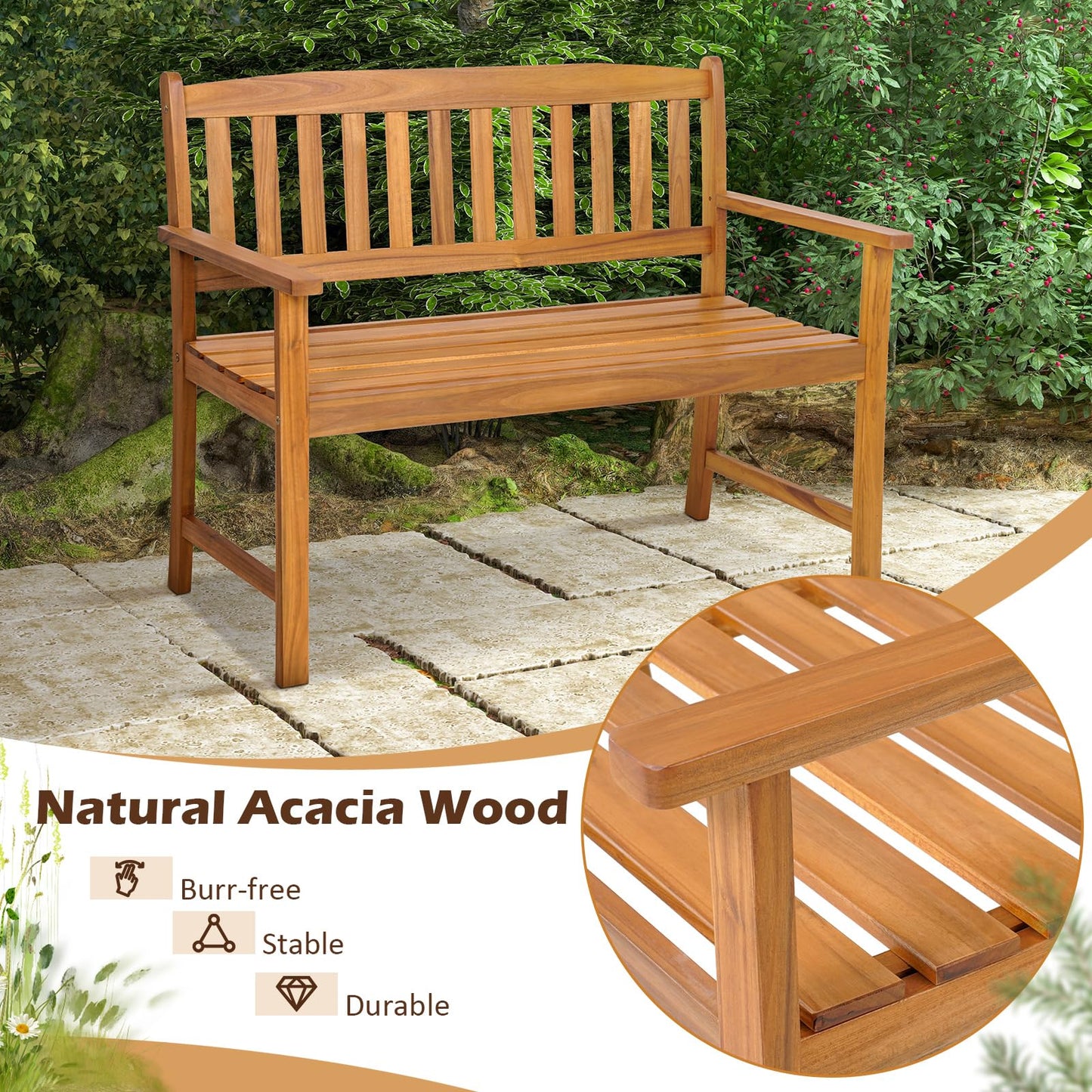 2-Person All-Weather Acacia Wood Patio Loveseat Park Bench Chair