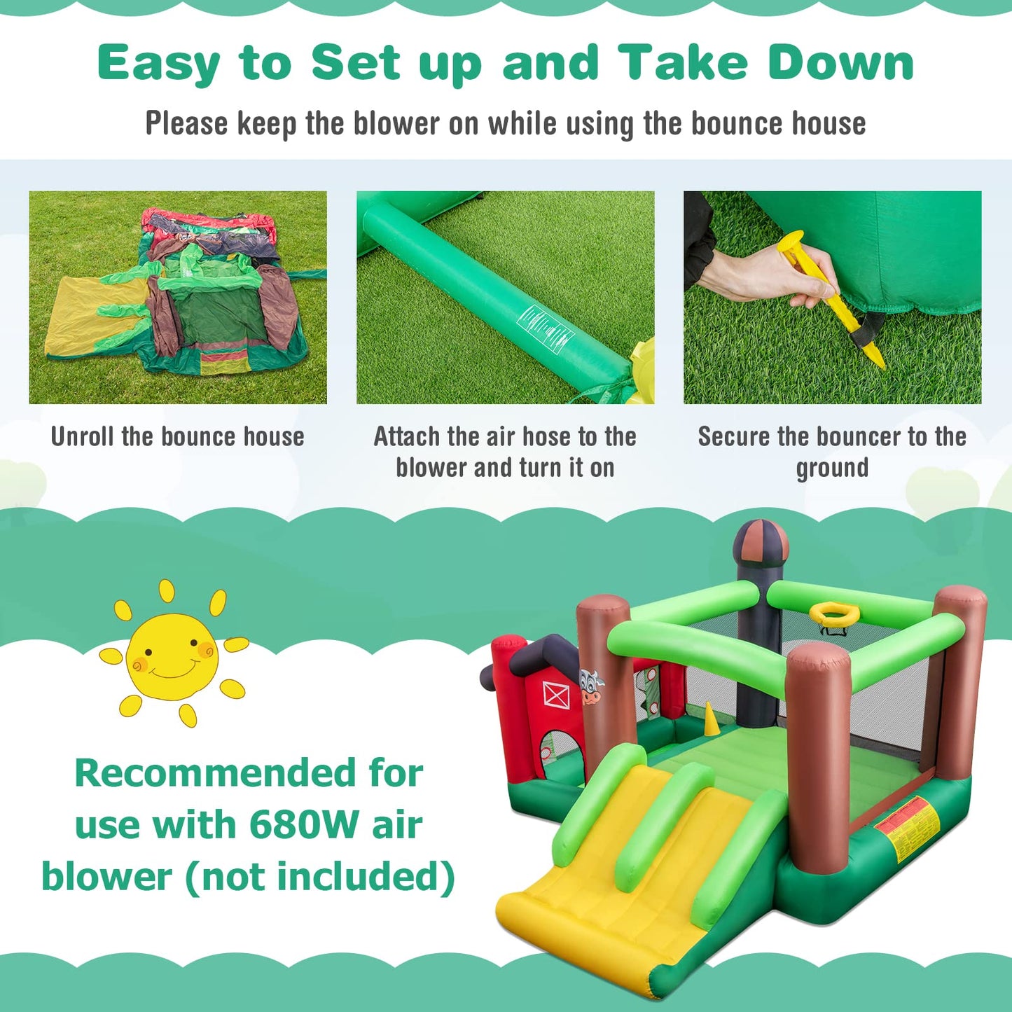 Inflatable Trampoline Bouncy House with Dual Slides without Blower