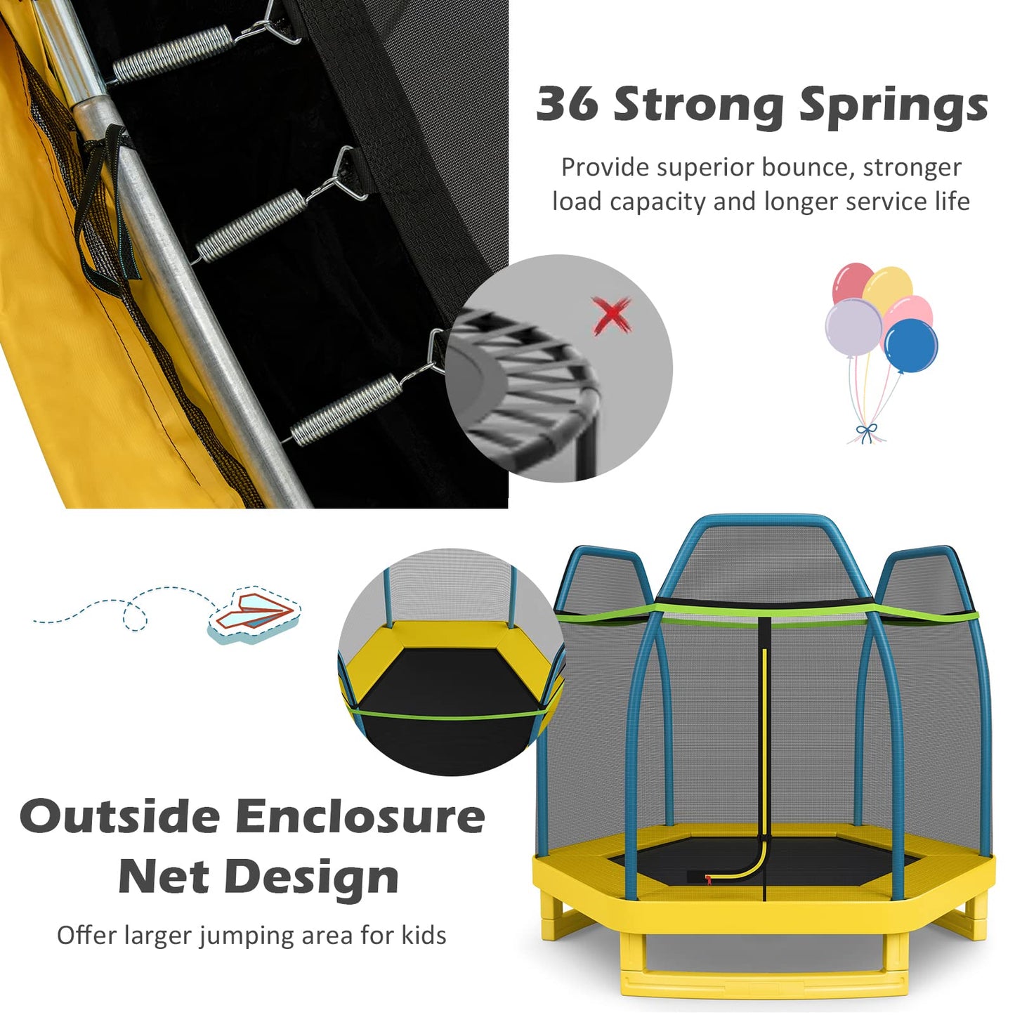 7ft Kids Trampoline Heavy Duty Hexagonal Trampolines with Safety Enclosure Net