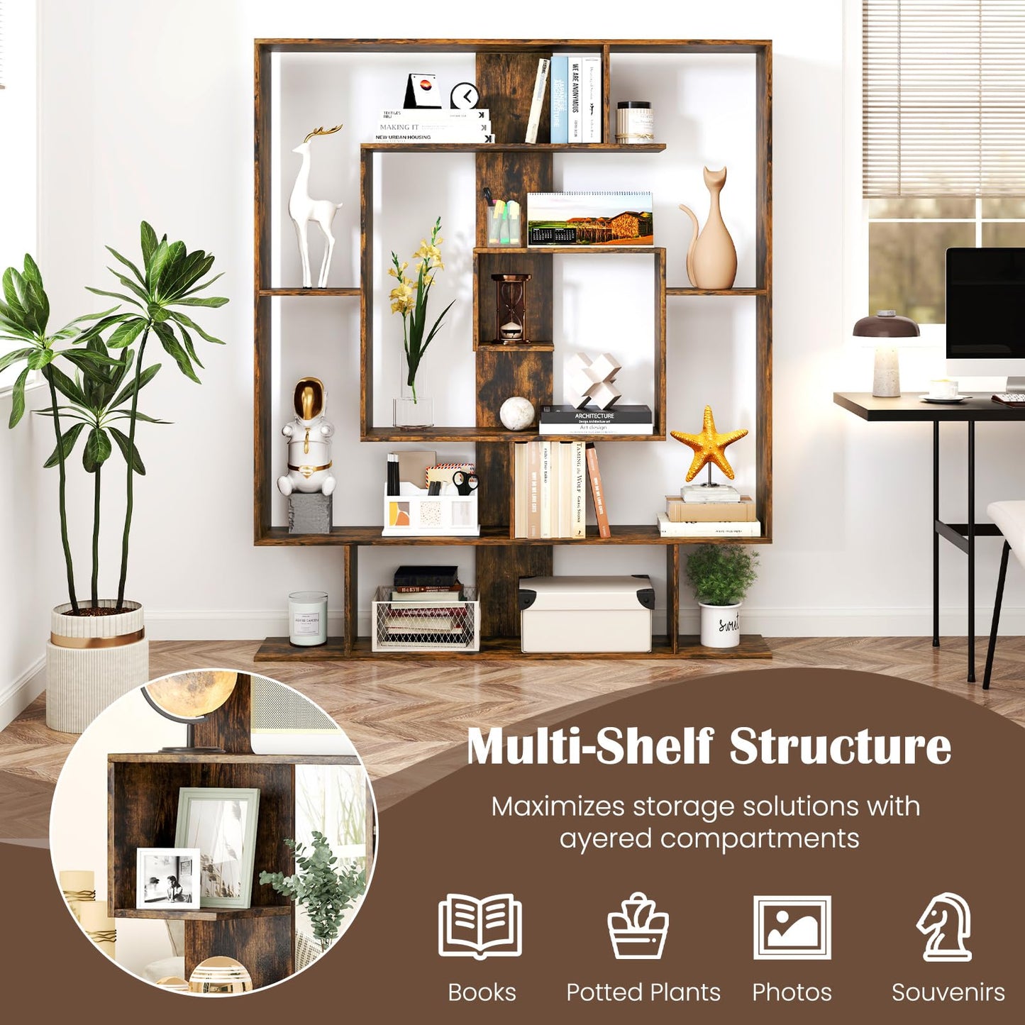 7 Tier Geometric Bookshelf with 2 Anti-Tipping Kits