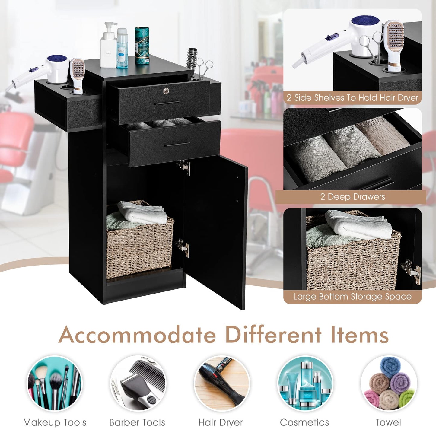 Beauty Salon Storage Cabinet with 6 Hair Dryer Holders