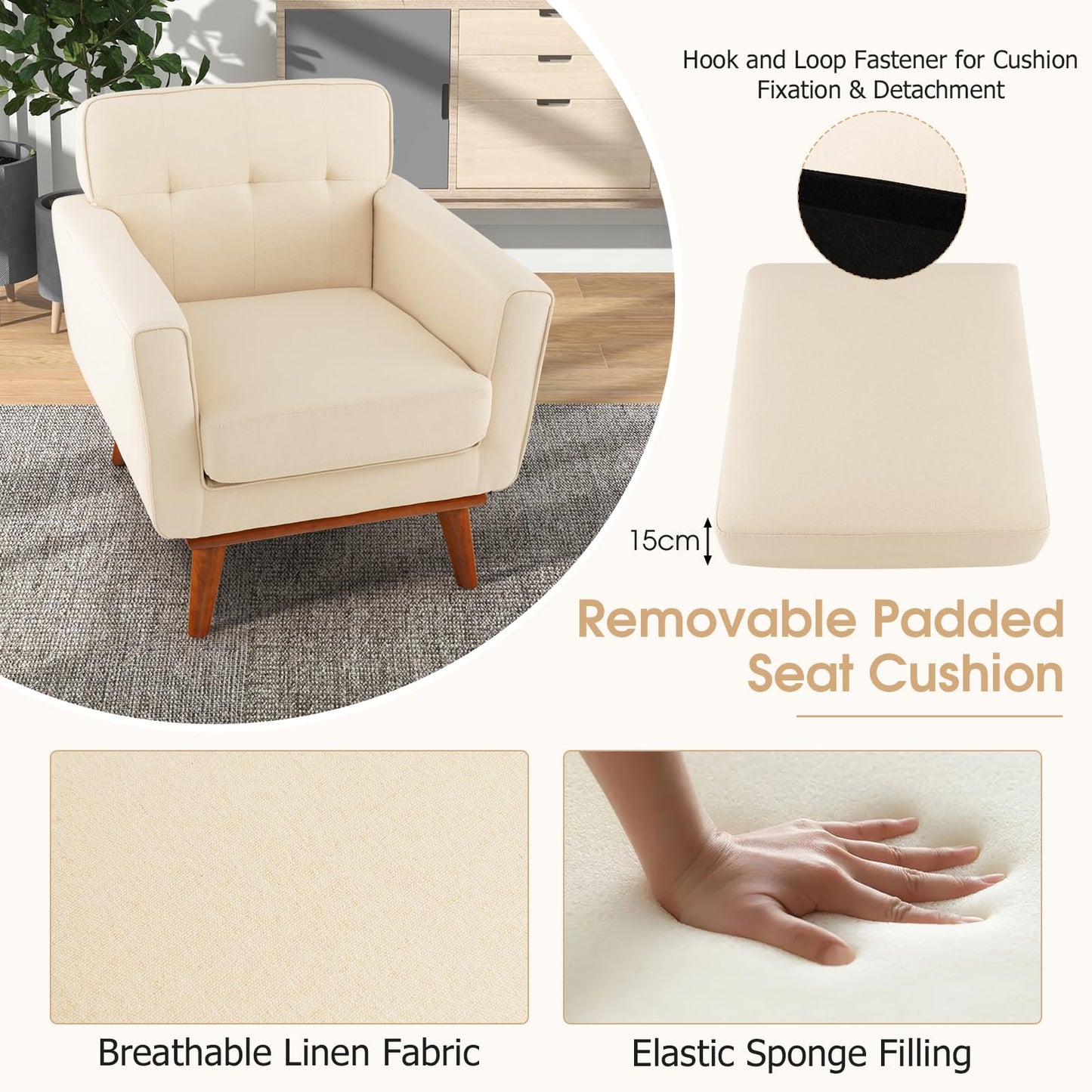Modern Accent Armchair with Removable Padded Seat Cushion