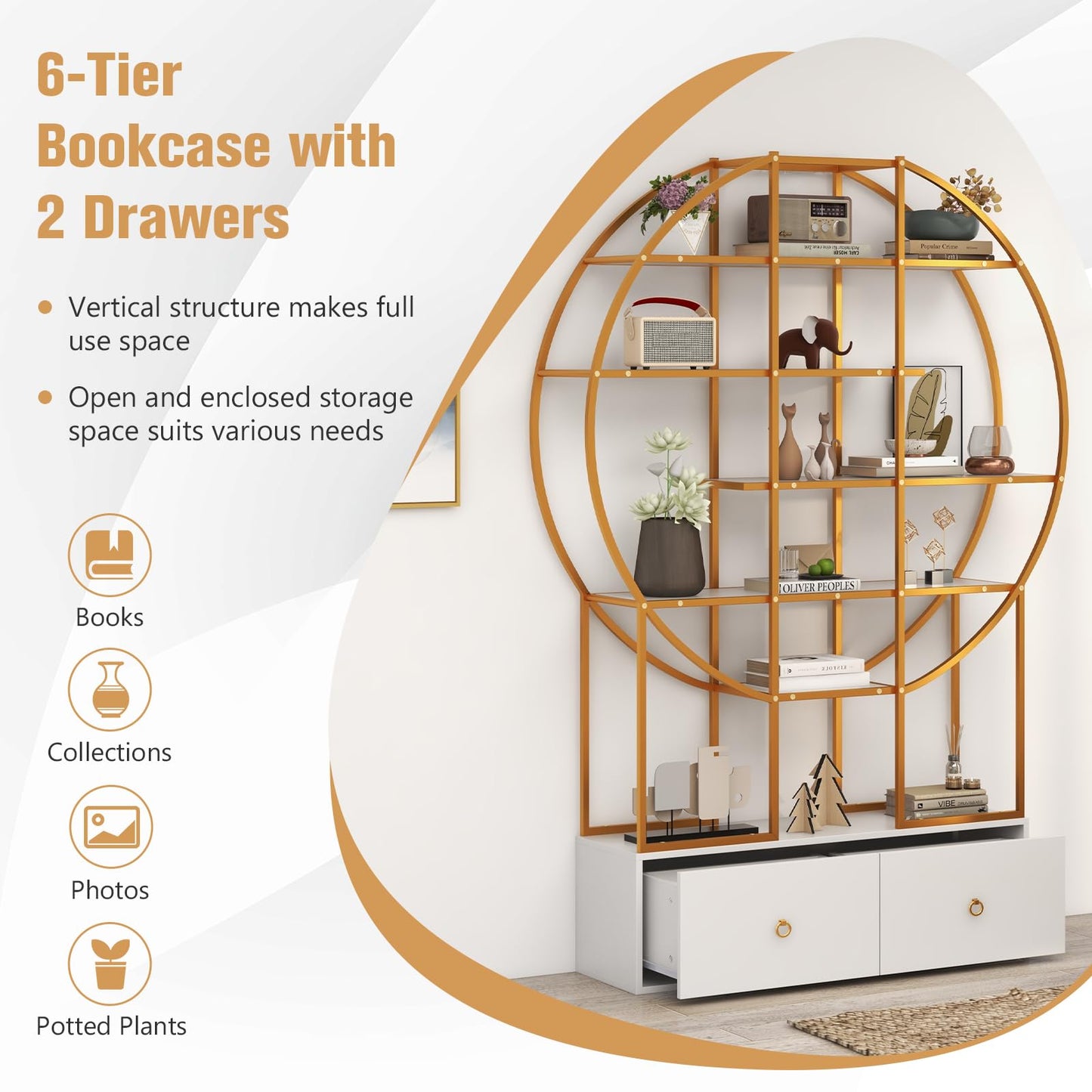 6-Tier Gold Bookshelf with 2 Storage Drawers Staggered Shelves