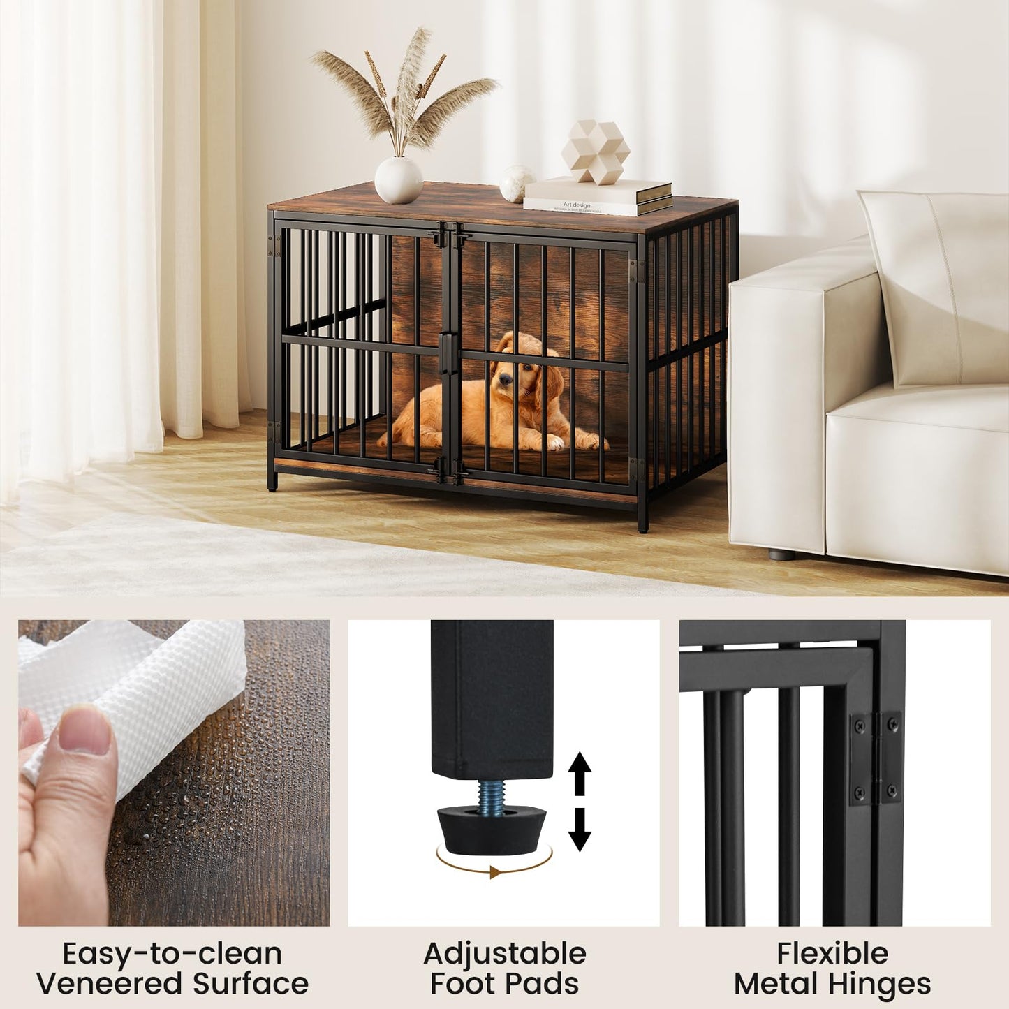 Wooden Indoor Dog Kennel with Lockable Double Doors for Small & Medium Sized Dogs