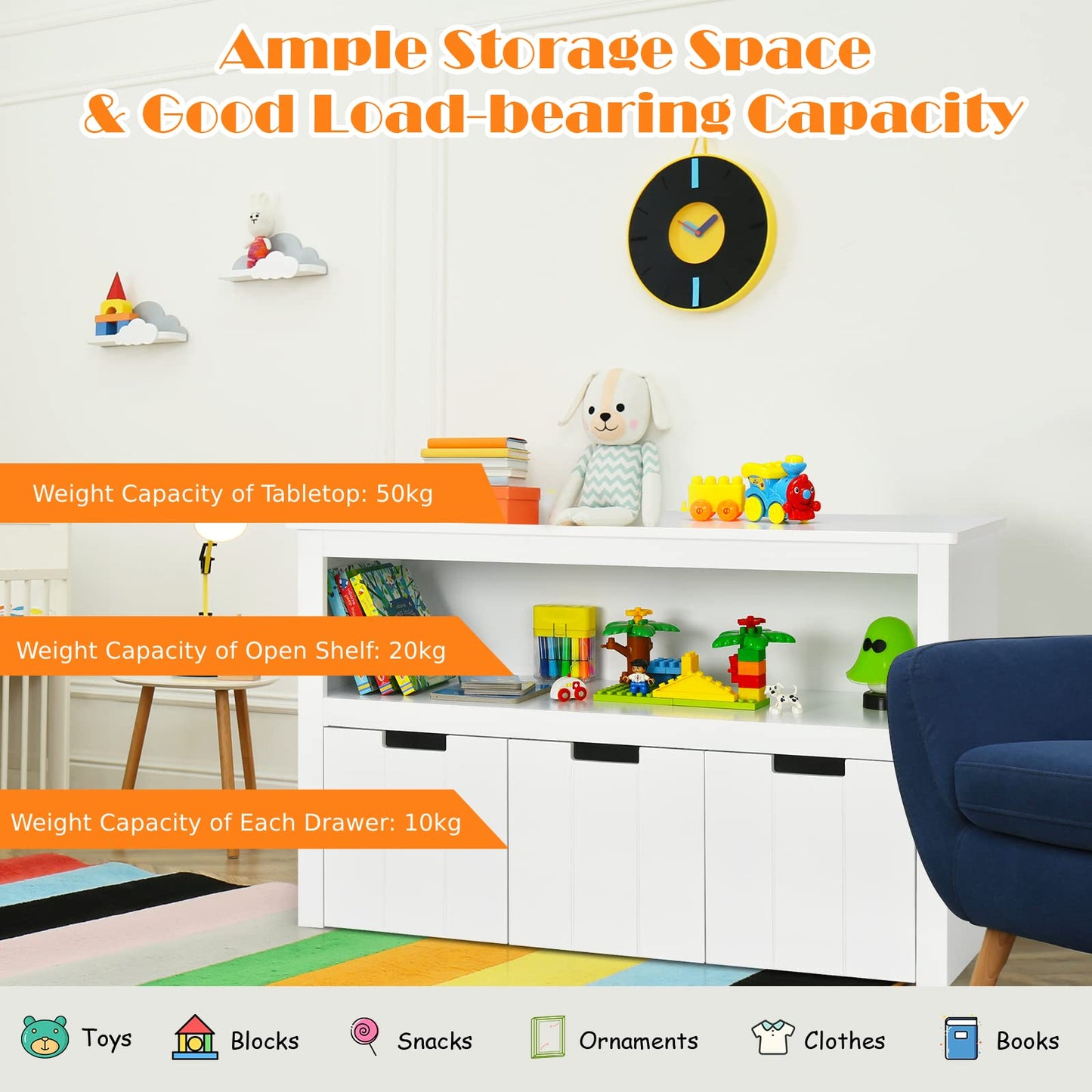 Wooden Playroom Chest with Drawers and Large Open Shelf