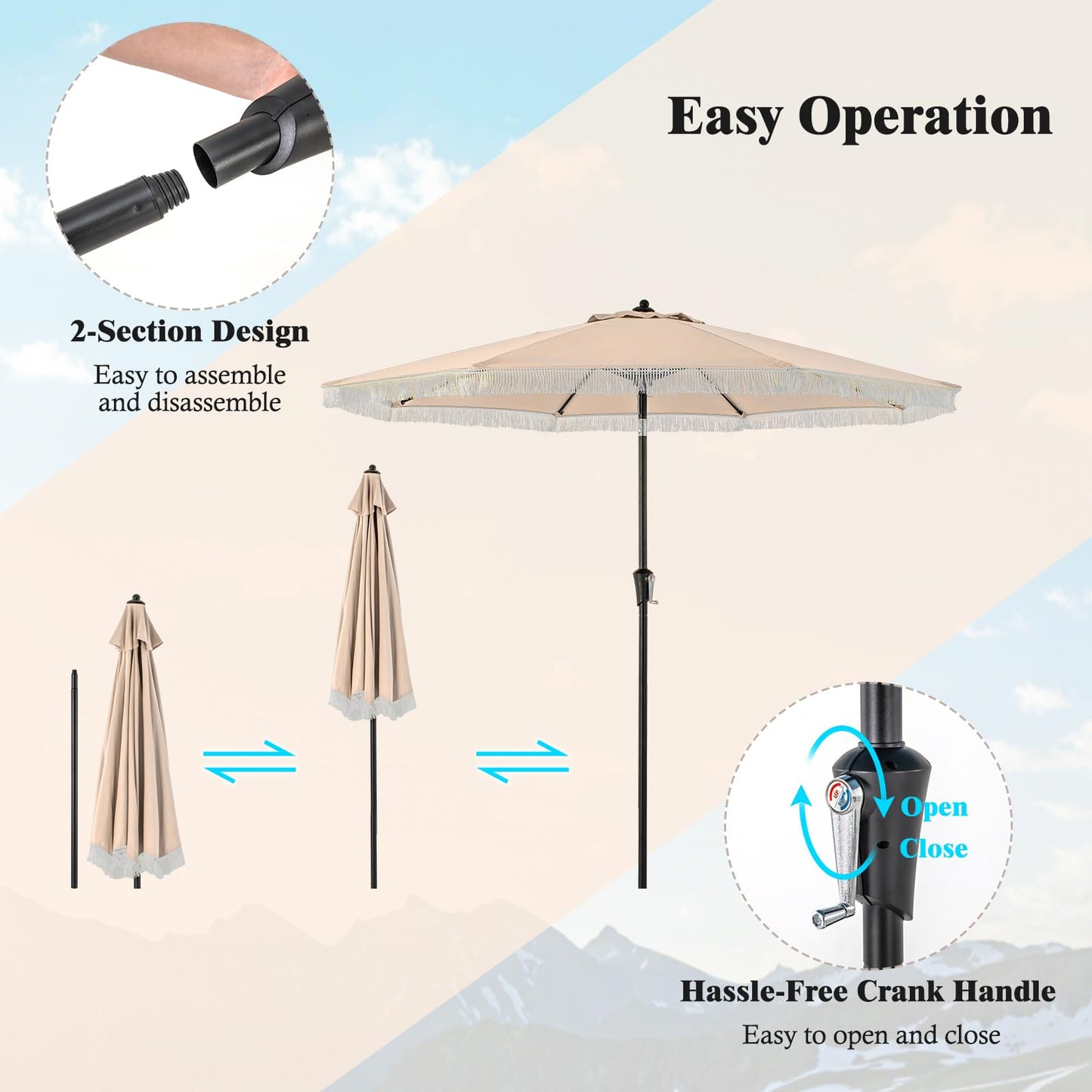 9FT Garden Parasols with Fringe with Push Button Tilt