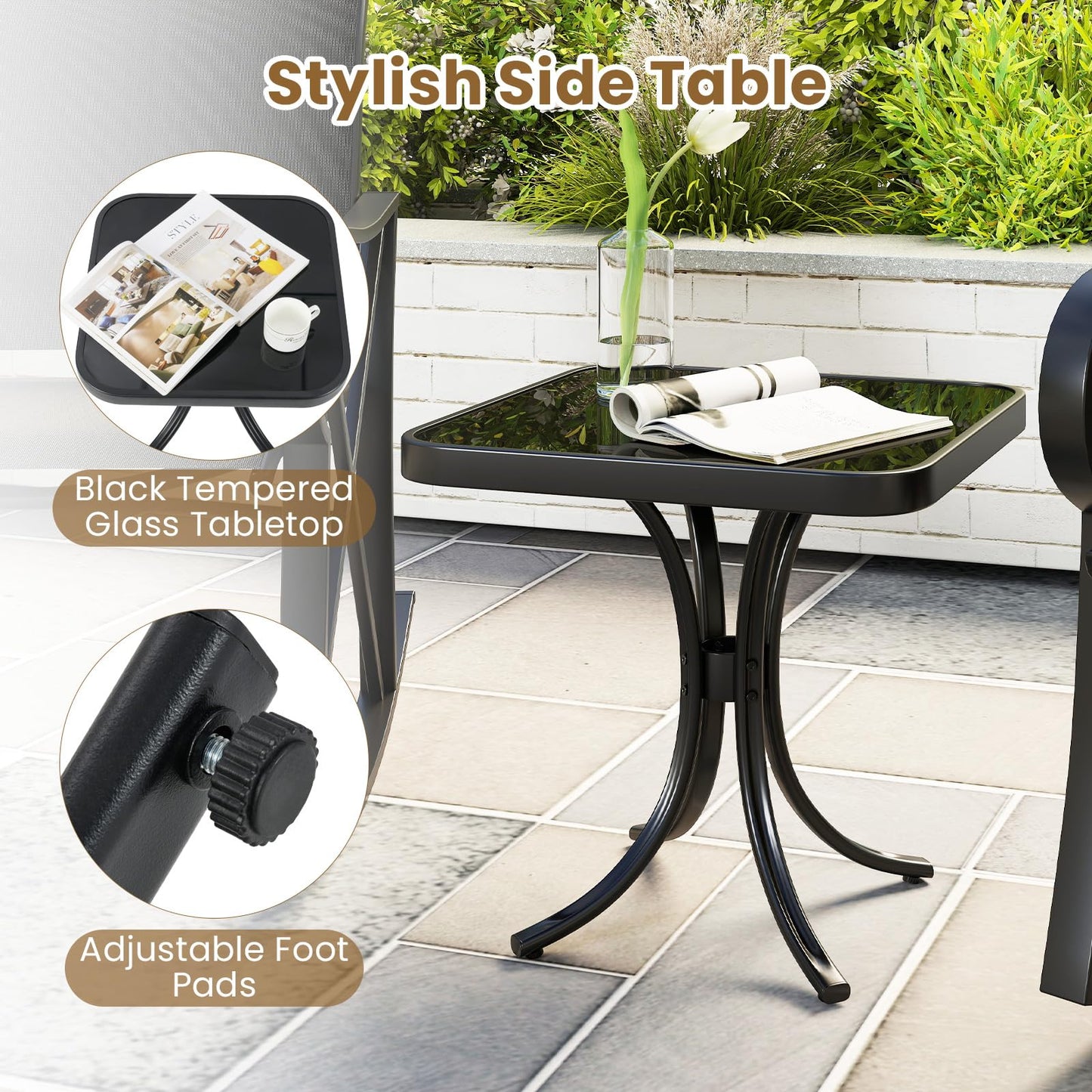 3-Piece Patio Metal Frame Rocking Bistro Set with Tempered Glass-Top Side Table
