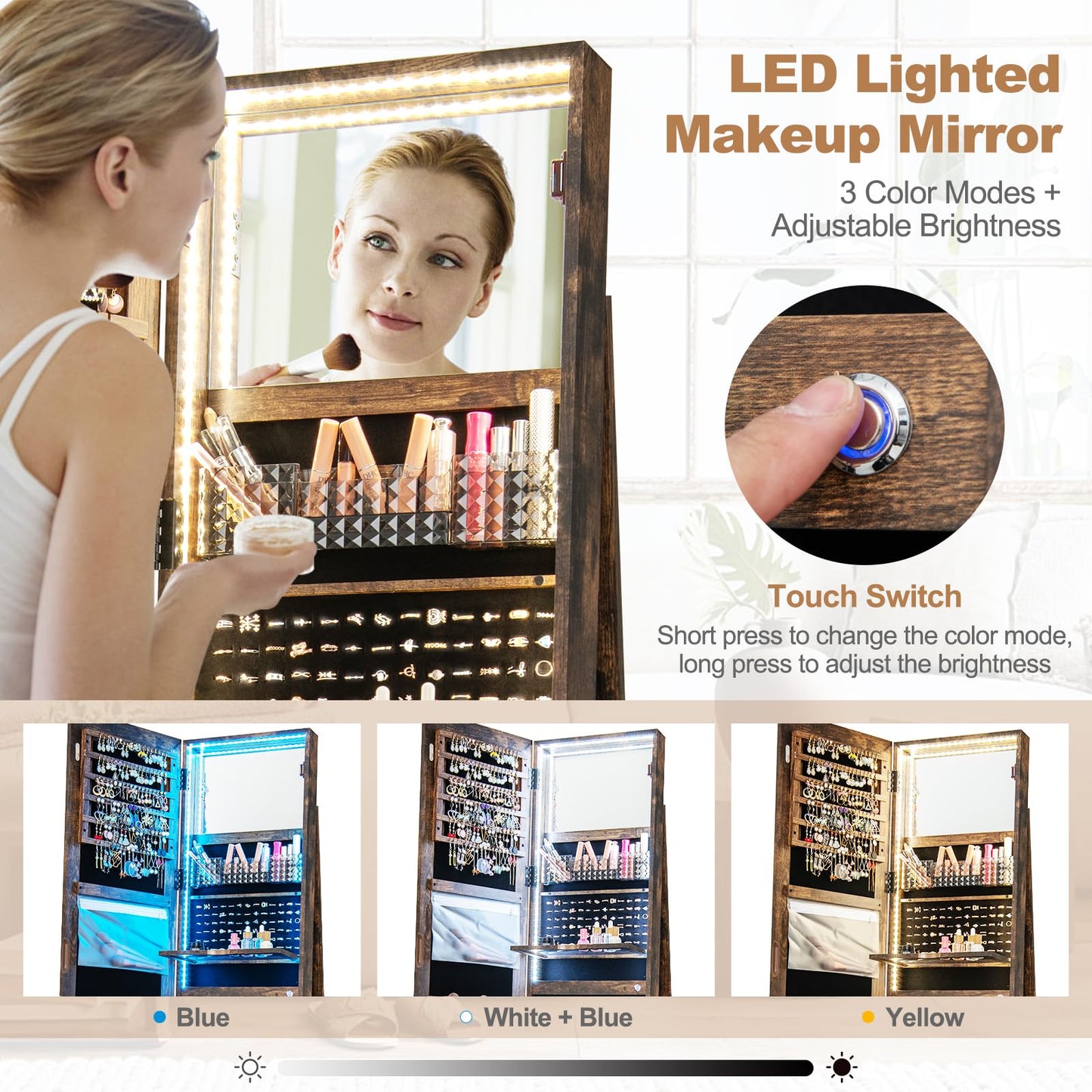 360° Swivel Jewelry Cabinet with LED Lights, Foldable Shelf