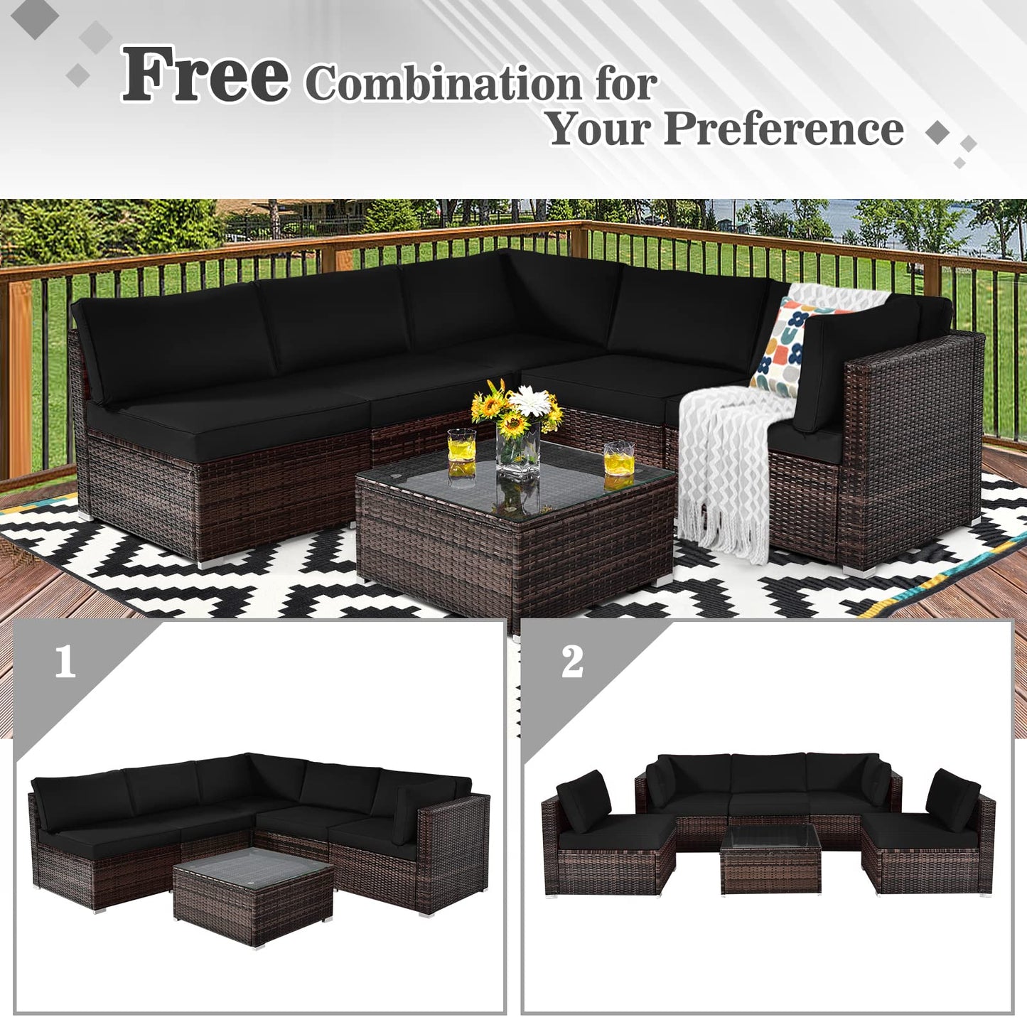6 PCS Corner Patio Conversation Sofa Set with Tempered Glass Table and Cushions