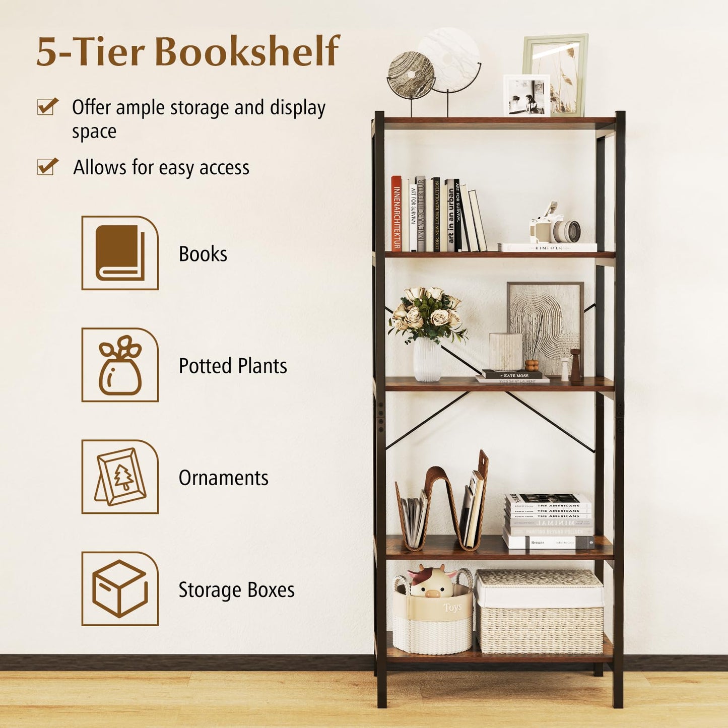 5-Tier Bookshelf with Metal Frame and Storage Rack