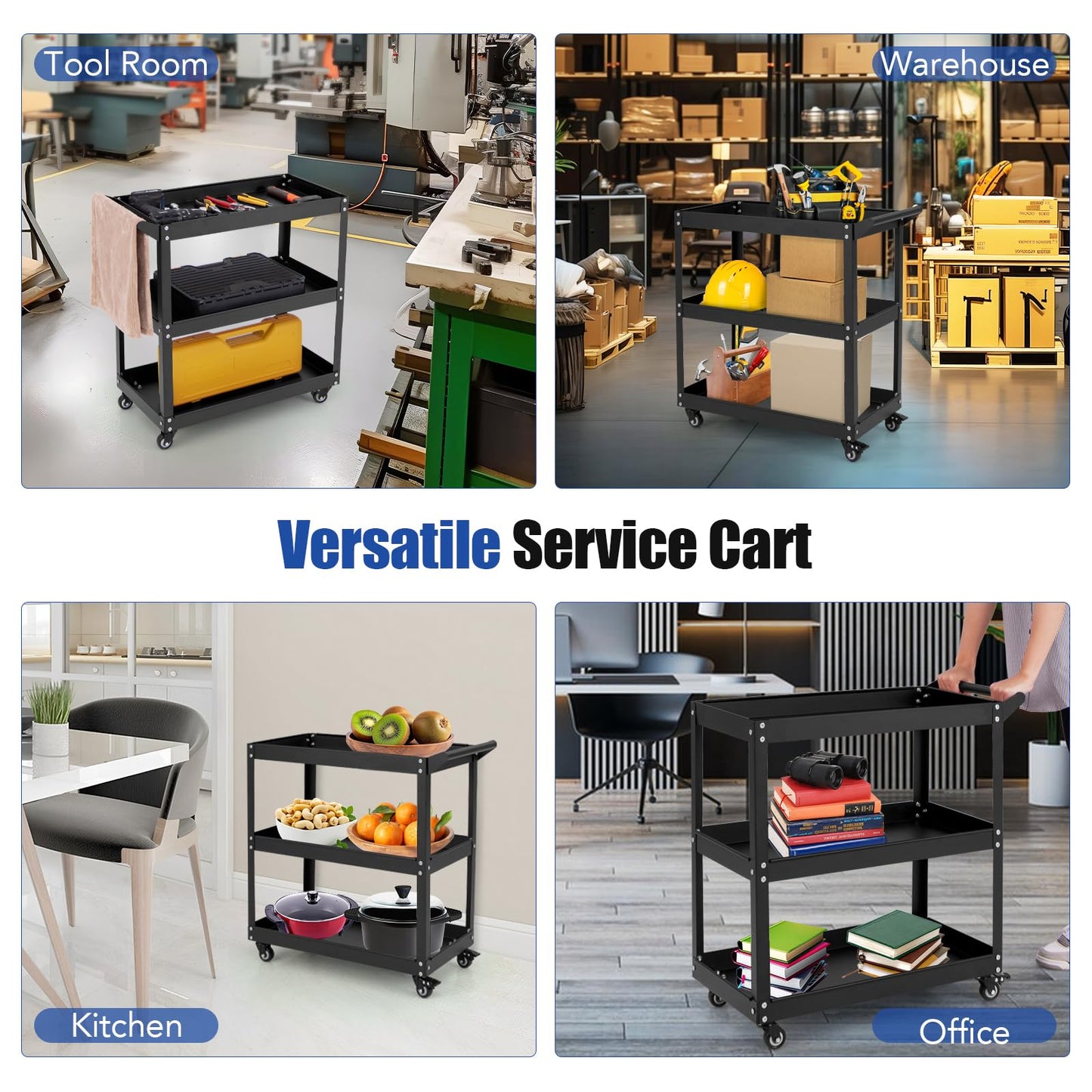 3-Tier Rolling Tool Cart with 4 Universal Wheels with 2 Brakes