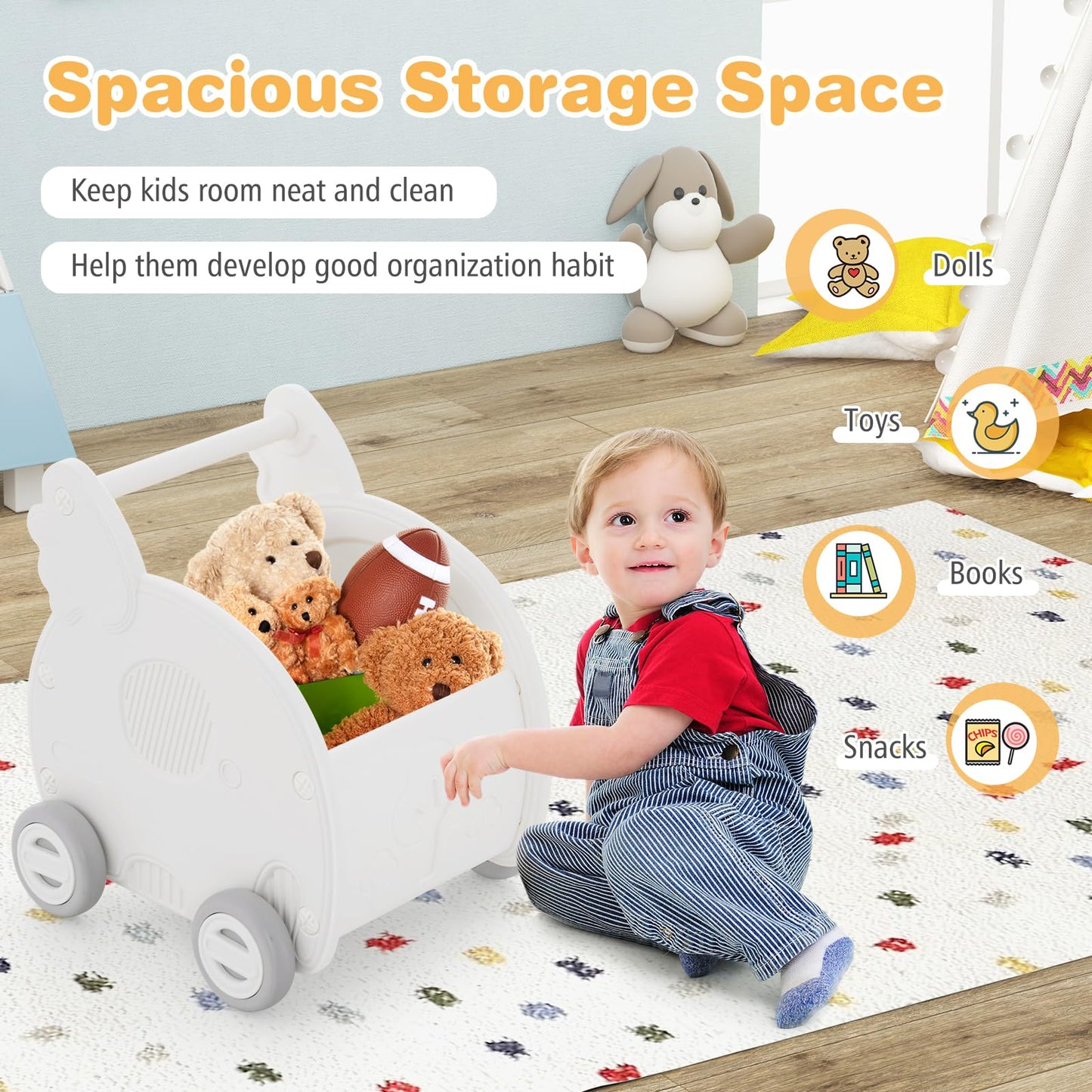 2 in 1 Toddler Push Along Shopping Cart with Storage Chest