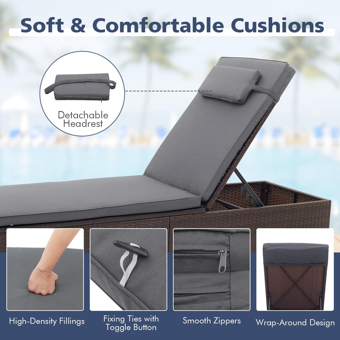 Outdoor PE Rattan Lounge Chair with 6 level Backrest and Comfy Seat Cushion