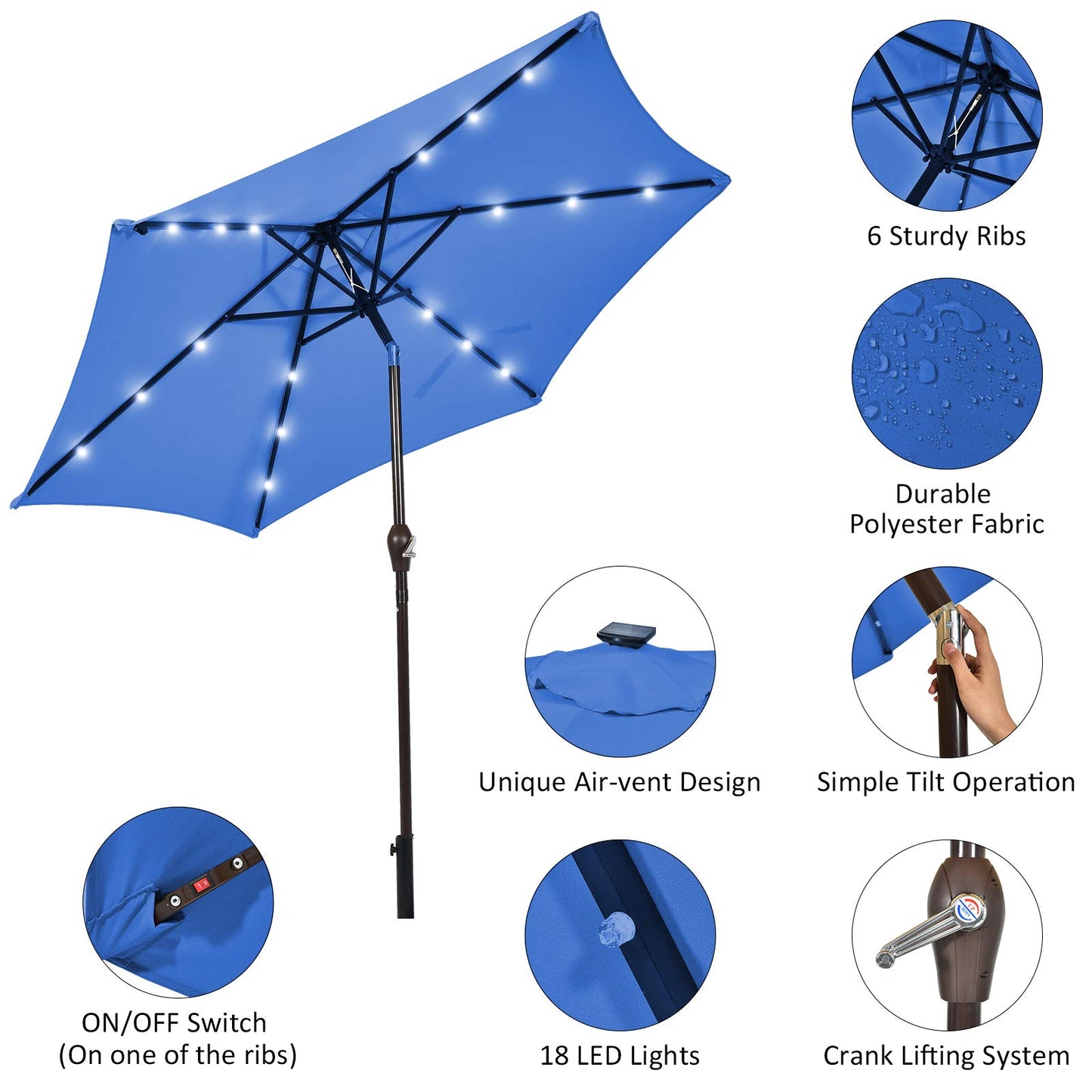 2.7m 18 Solar Powered LED Lights Patio Umbrella with Tilt and Crank Handle