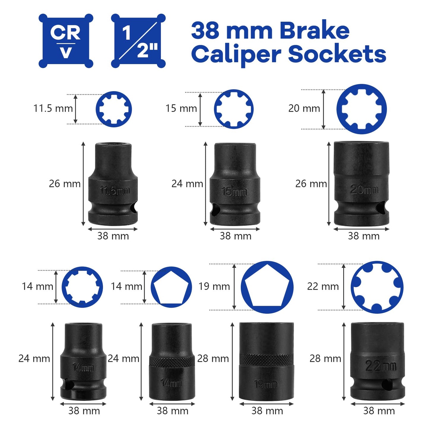 16pcs Impact Brake Caliper Socket Set with Engines and Hubs of Most Car Brands