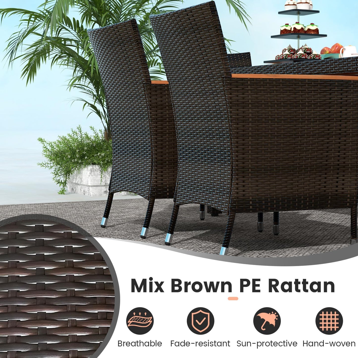 7 Pieces Patio Wicker Dining Set Acacia Wood Table and 6 Stackable Chairs