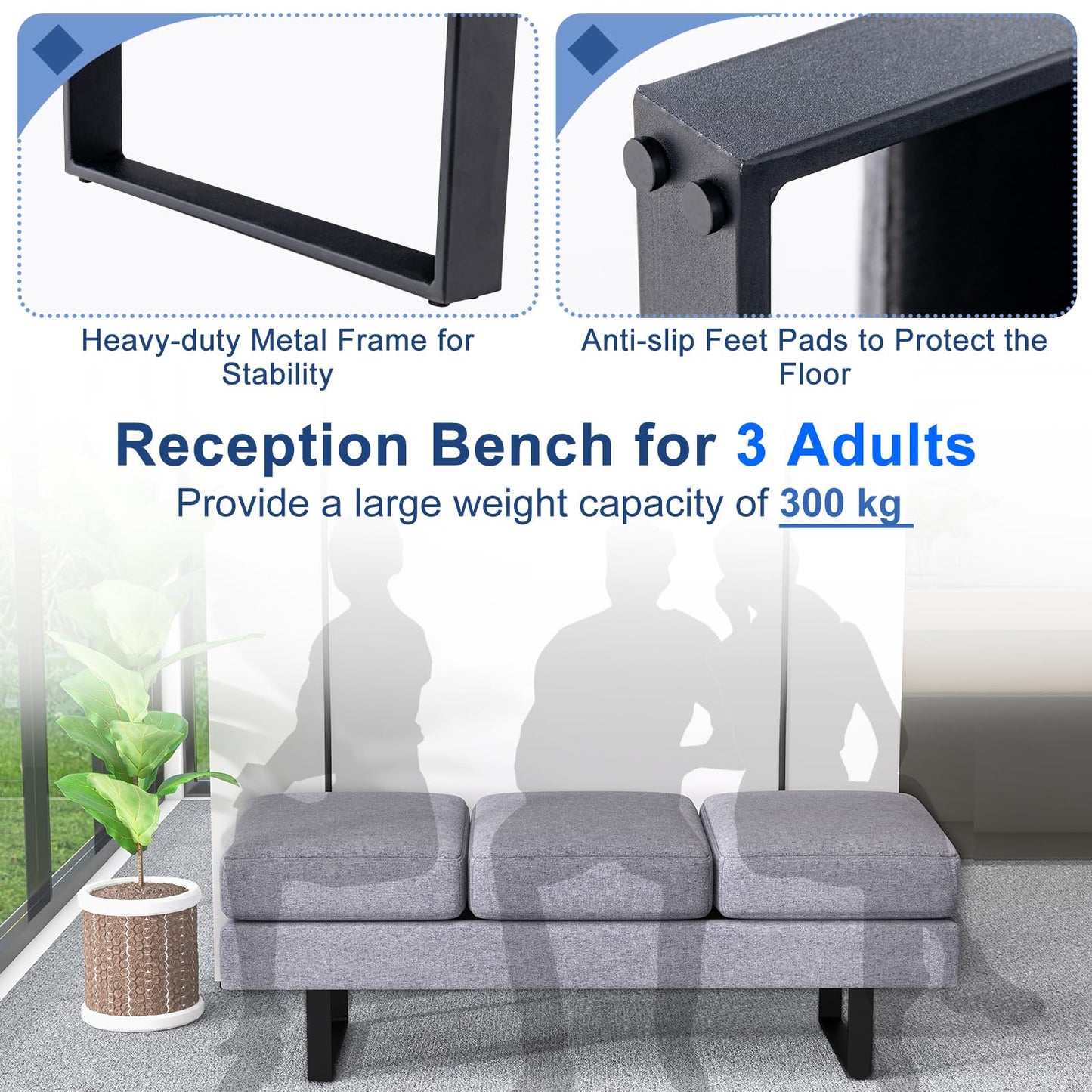 Waiting Room Bench Seating with 3 Seats and Metal Frame Leg