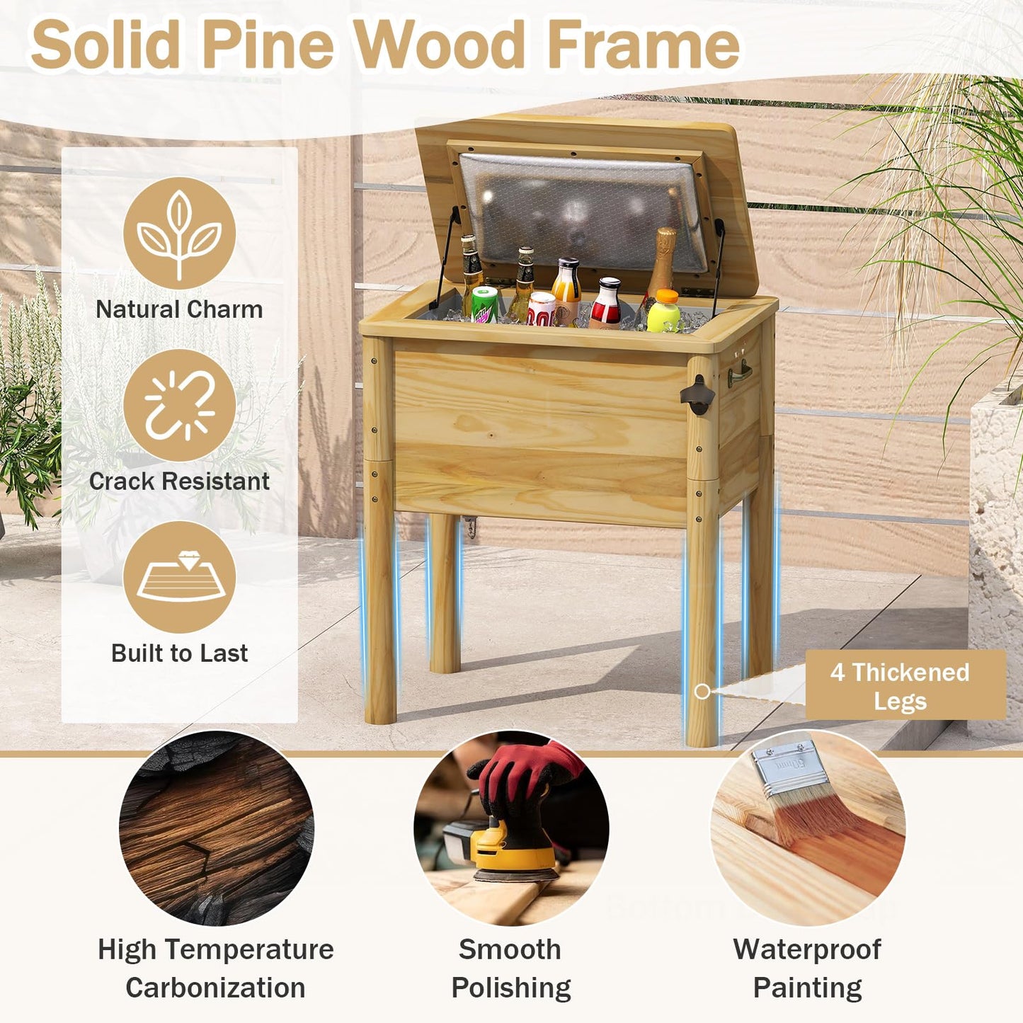 Giantex Wooden Patio Cooler 51L Outdoor Beverage Cooler with 3 Handles Drainage Cap