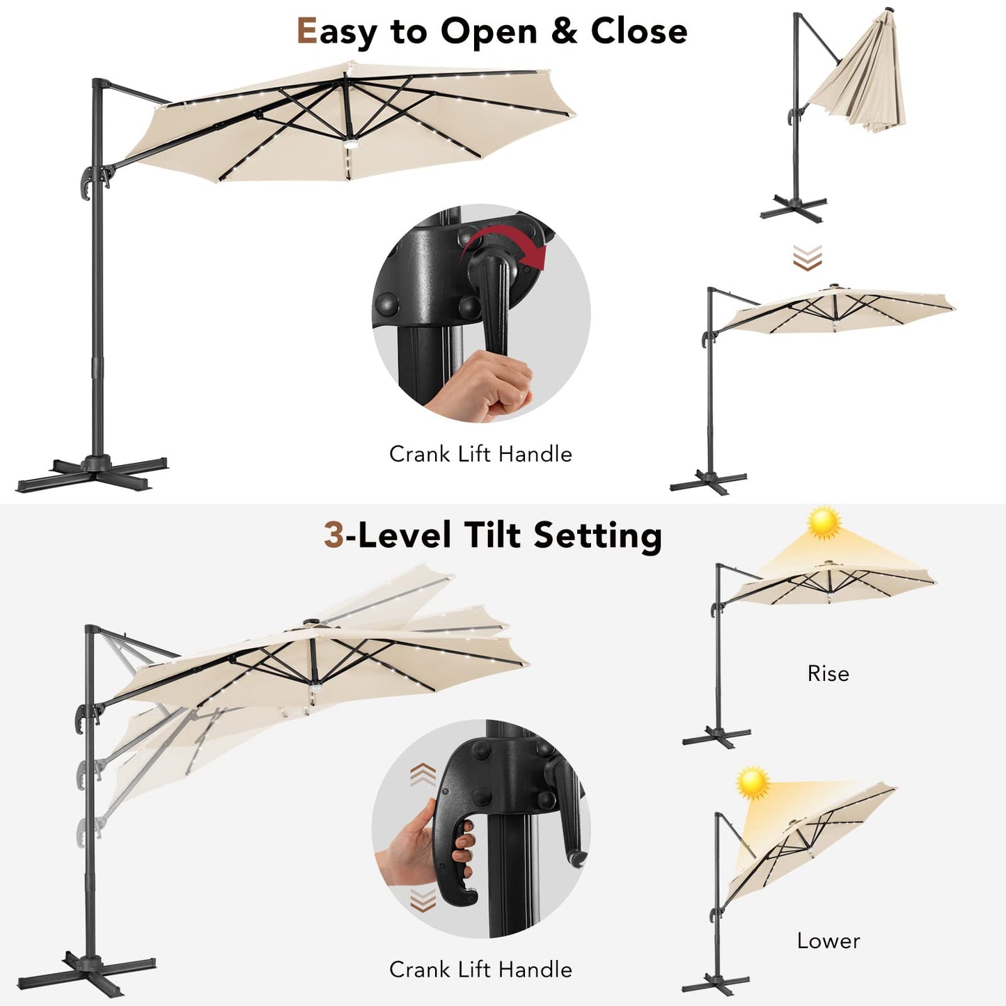 3m Garden Parasol with with Solar-Powered LED & Winding Crank