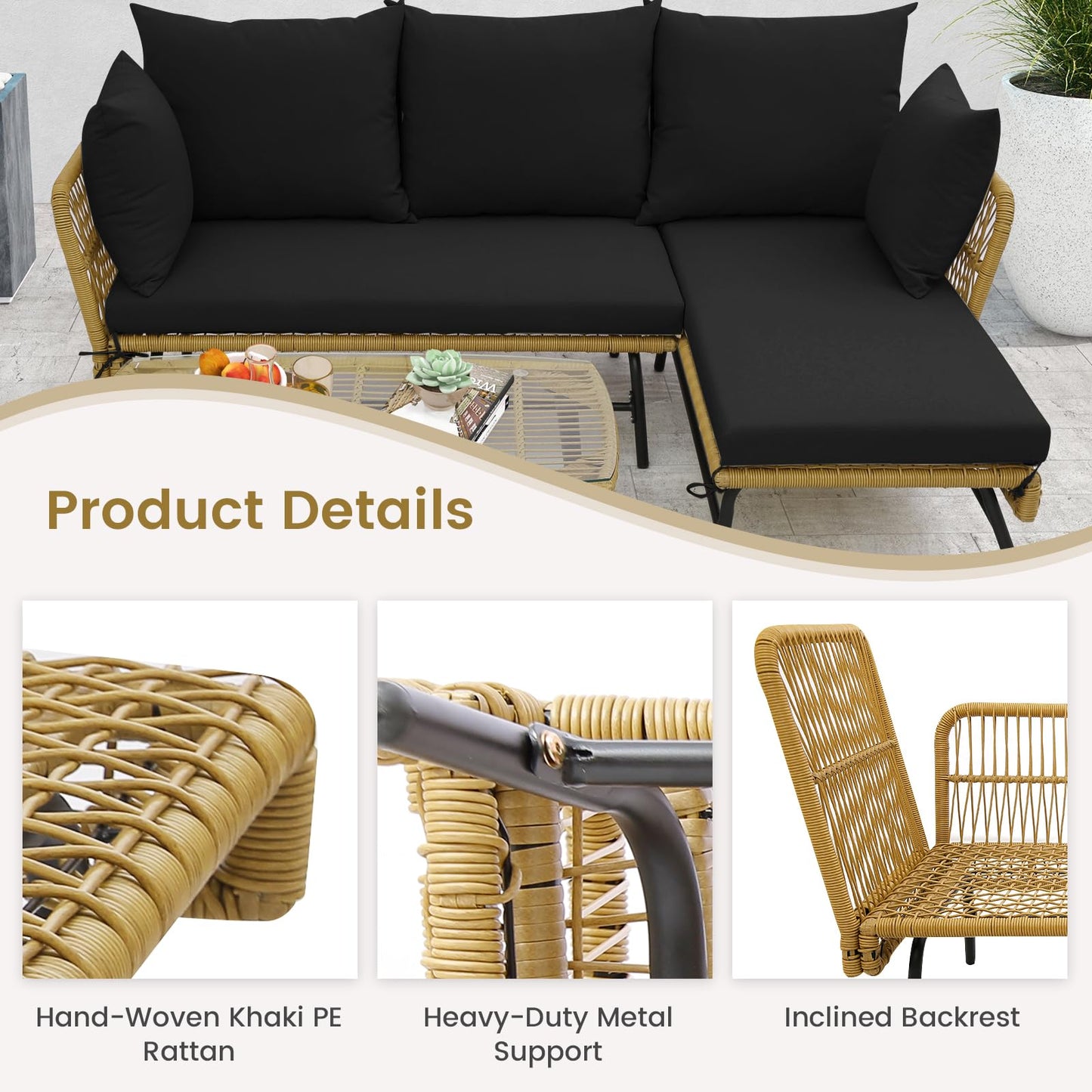 3 Pieces L Shaped Patio Conversation Set with Cushions & Tempered Glass Table