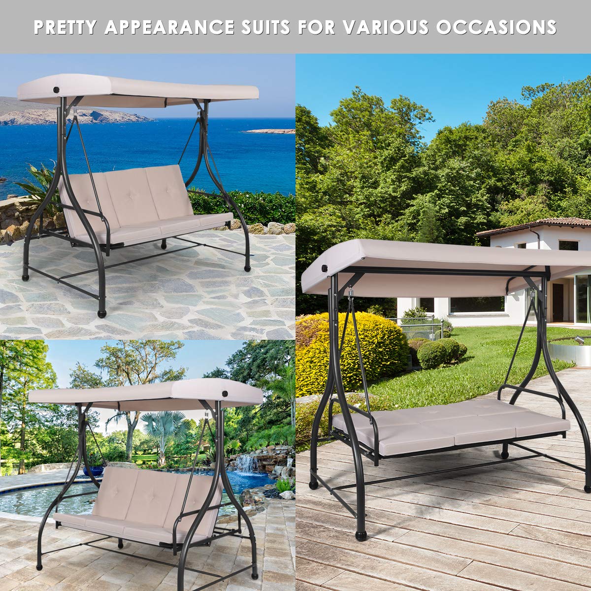 3 Seater Convertible Outdoor Hammock Bench Chair with Adjustable Canopy and Cushions