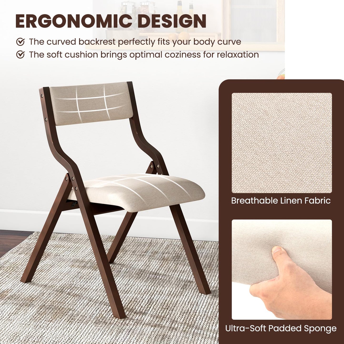 Padded Folding Chair Set of 2, Wooden Counter Dining Chairs with Linen Fabric Seat