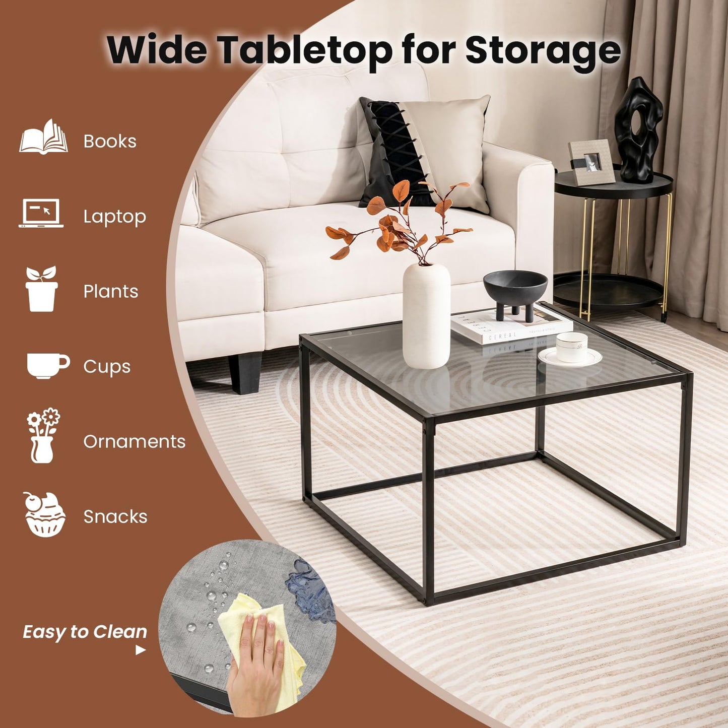 Giantex Square Coffee Table Tempered Glass Sofa Side Table with Adjustable Foot Pads (without Mesh Shelf)