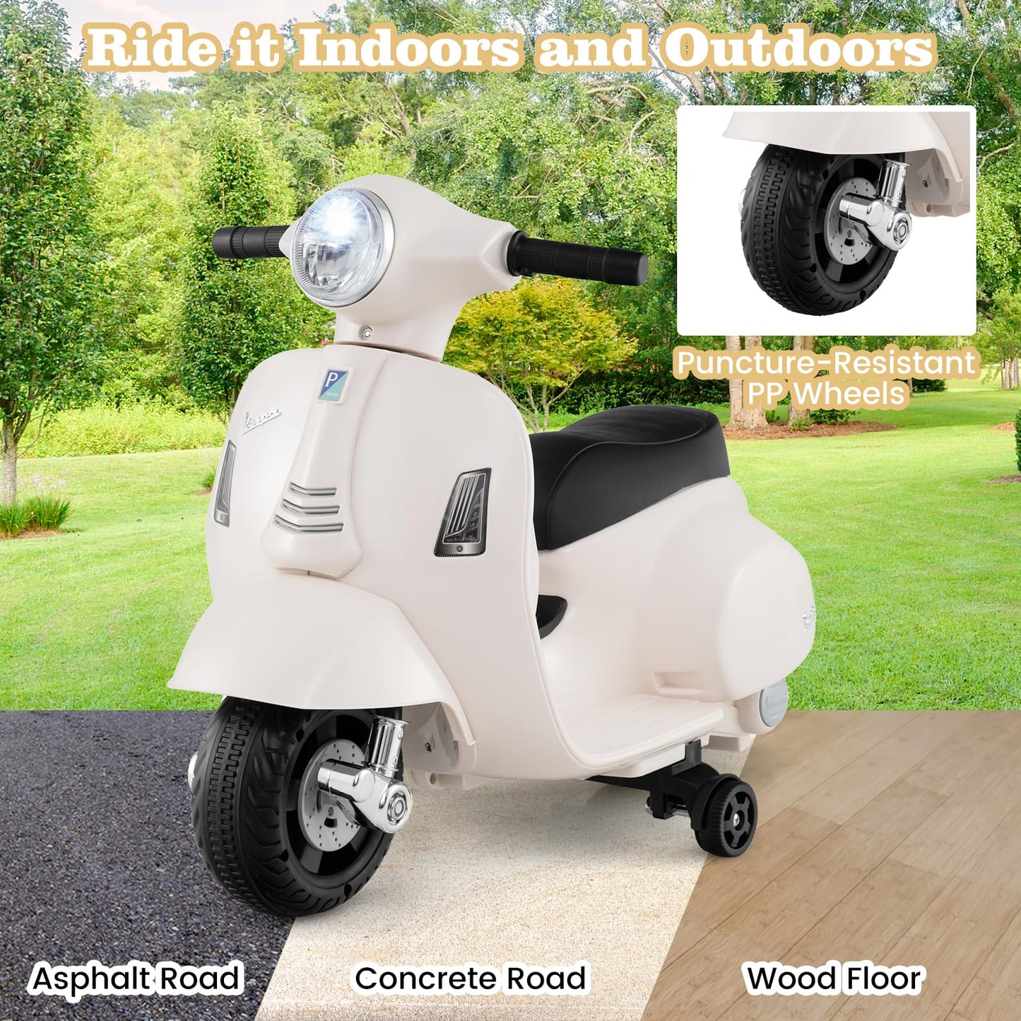 6V Kids Ride on Motorcycle Vespa Licensed with Lights and Horn Sound