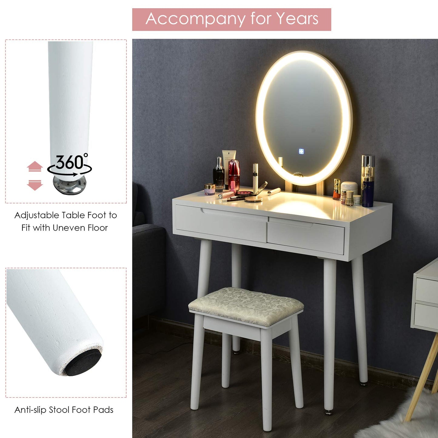 Dressing Table with 3-Color LED Lights Oval Mirror and Stool