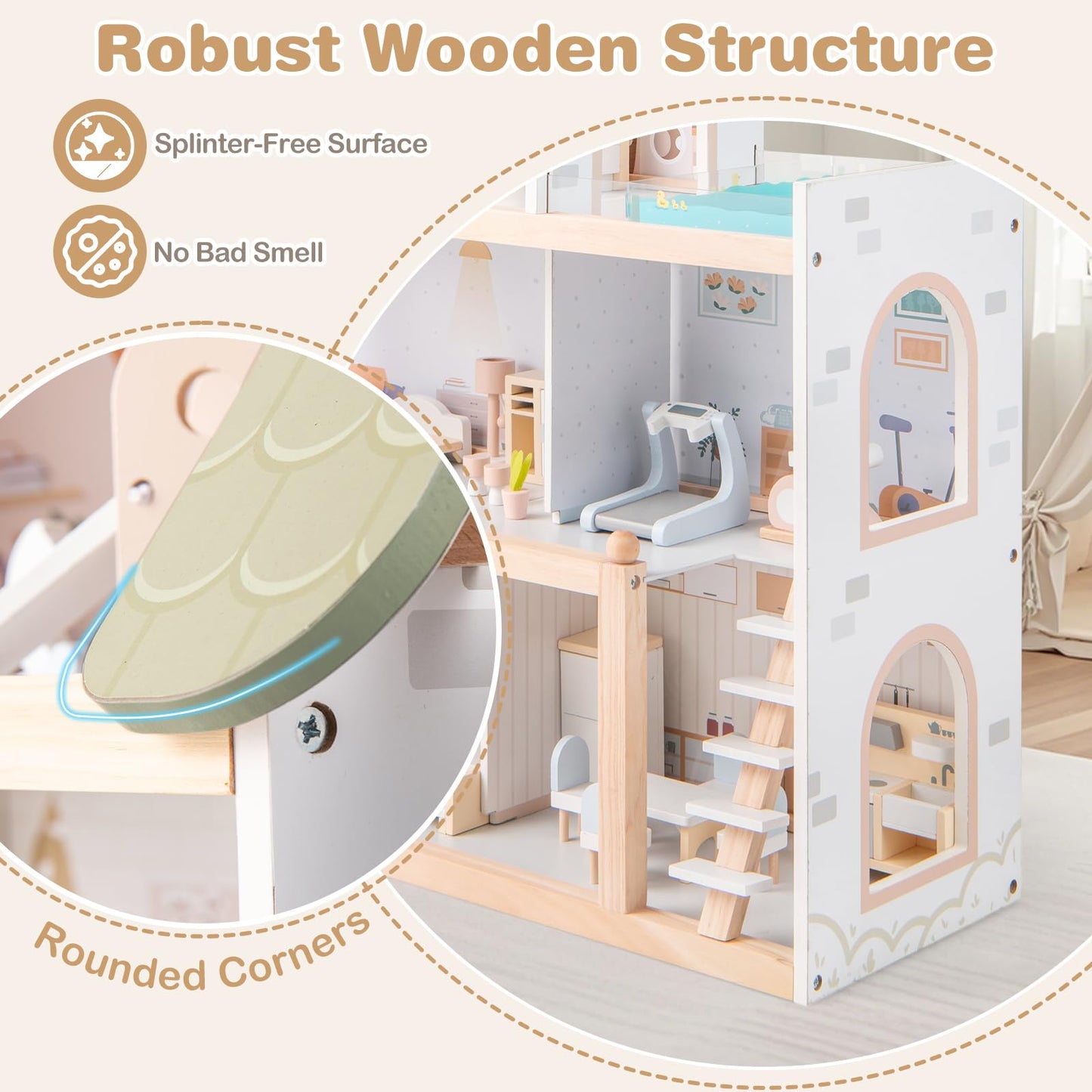 Wooden Dollhouse with 33 PCS Furniture Accessories for Girls and Boys