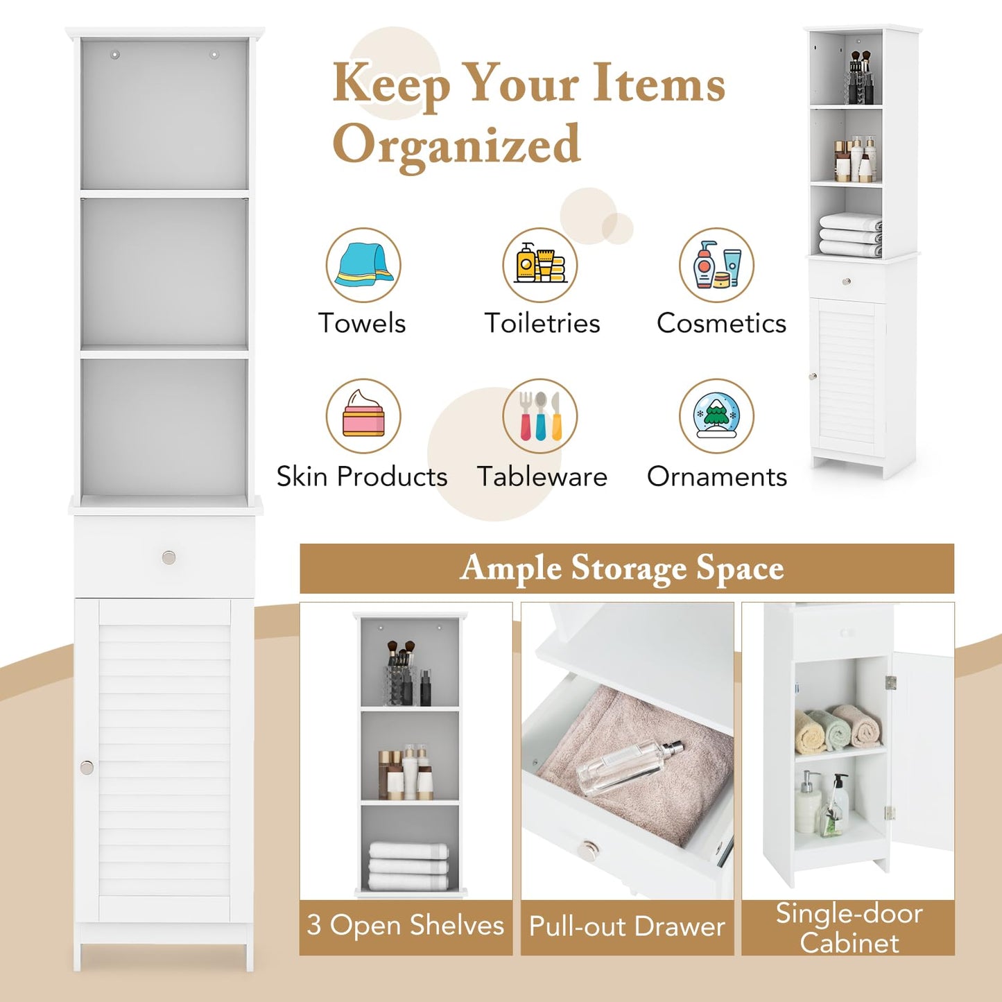 Wooden Freestanding Slim Storage Cupboard with Adjustable Shelves