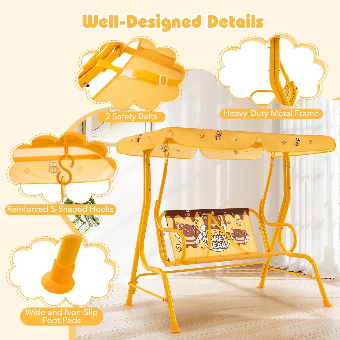 Kids Swing Chair with Adjustable Canopy and Safety Belts