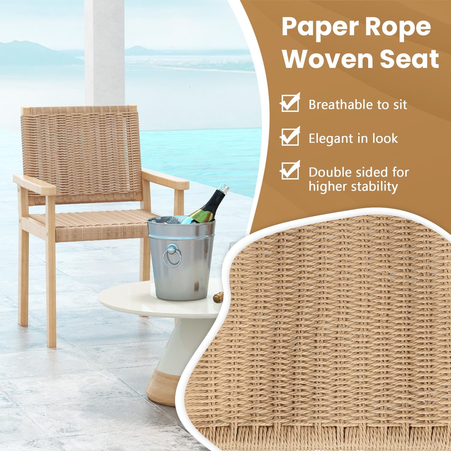 Wood Chair Set of 2 with Paper Rope Woven Seat