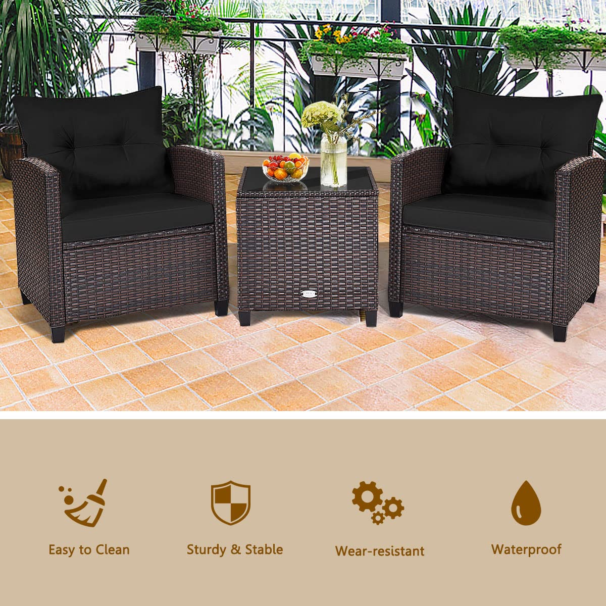 Metal Frame Garden Coffee Table and Sofa Chairs Set with Cushions
