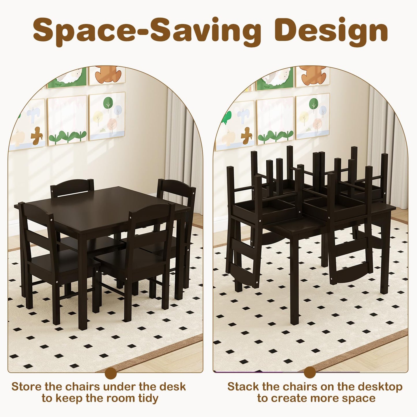 5pcs Activity Wooden Children Desk Chair Set for Preschool Girls Boys