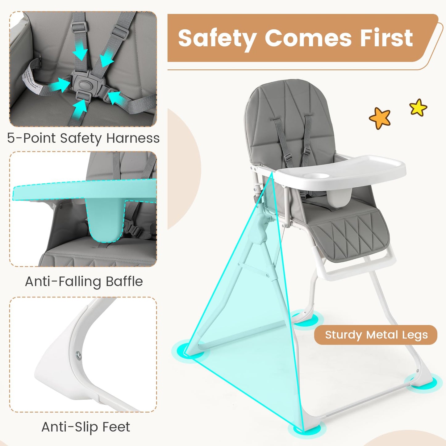 Foldable Baby Highchair Infant Dining Chair with 3-Position Adjustable Tray & Footrest