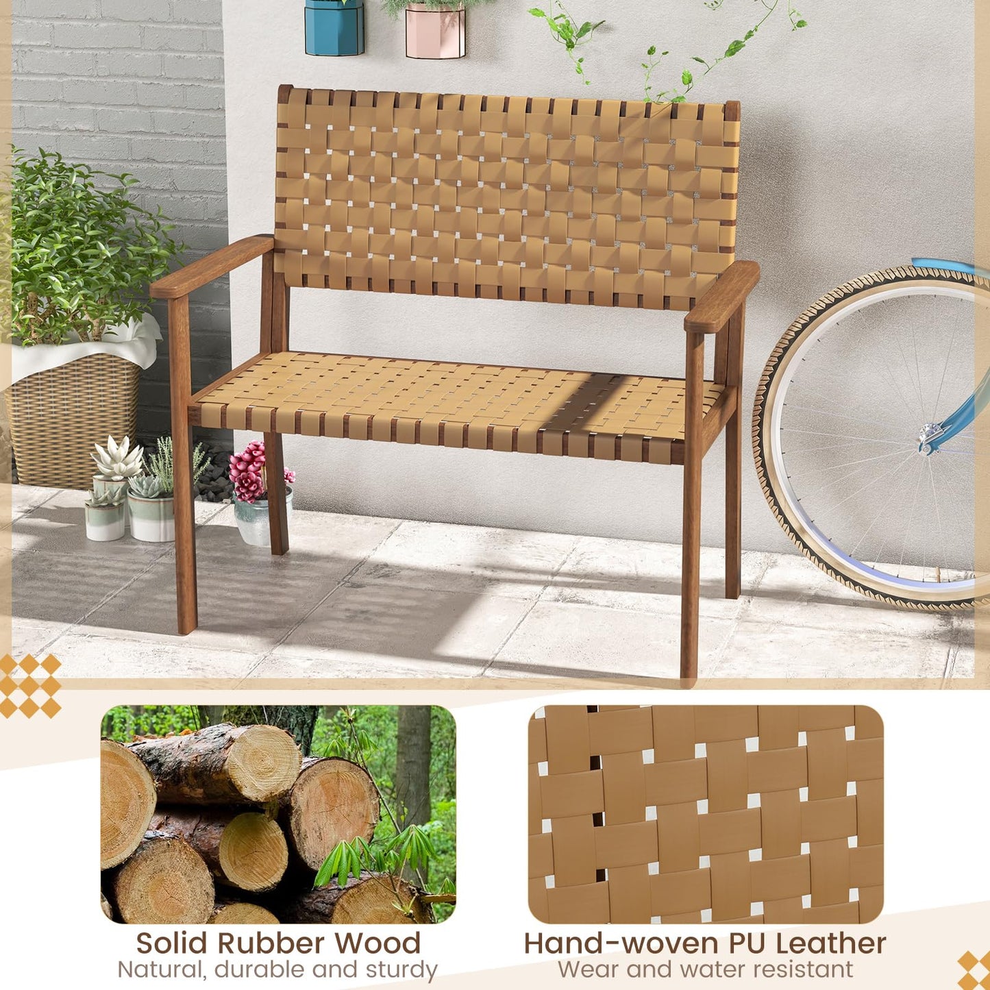 Outdoor All Weather Bench with Solid Rubber Wood Frame and Hand Woven PU Leather