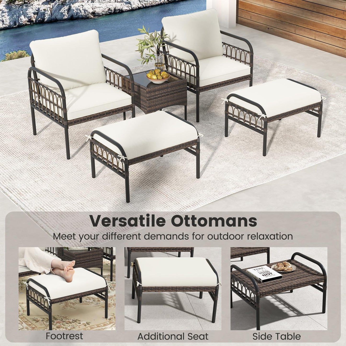 5PCS Rattan Garden Furniture Set for Balcony Yard Poolside