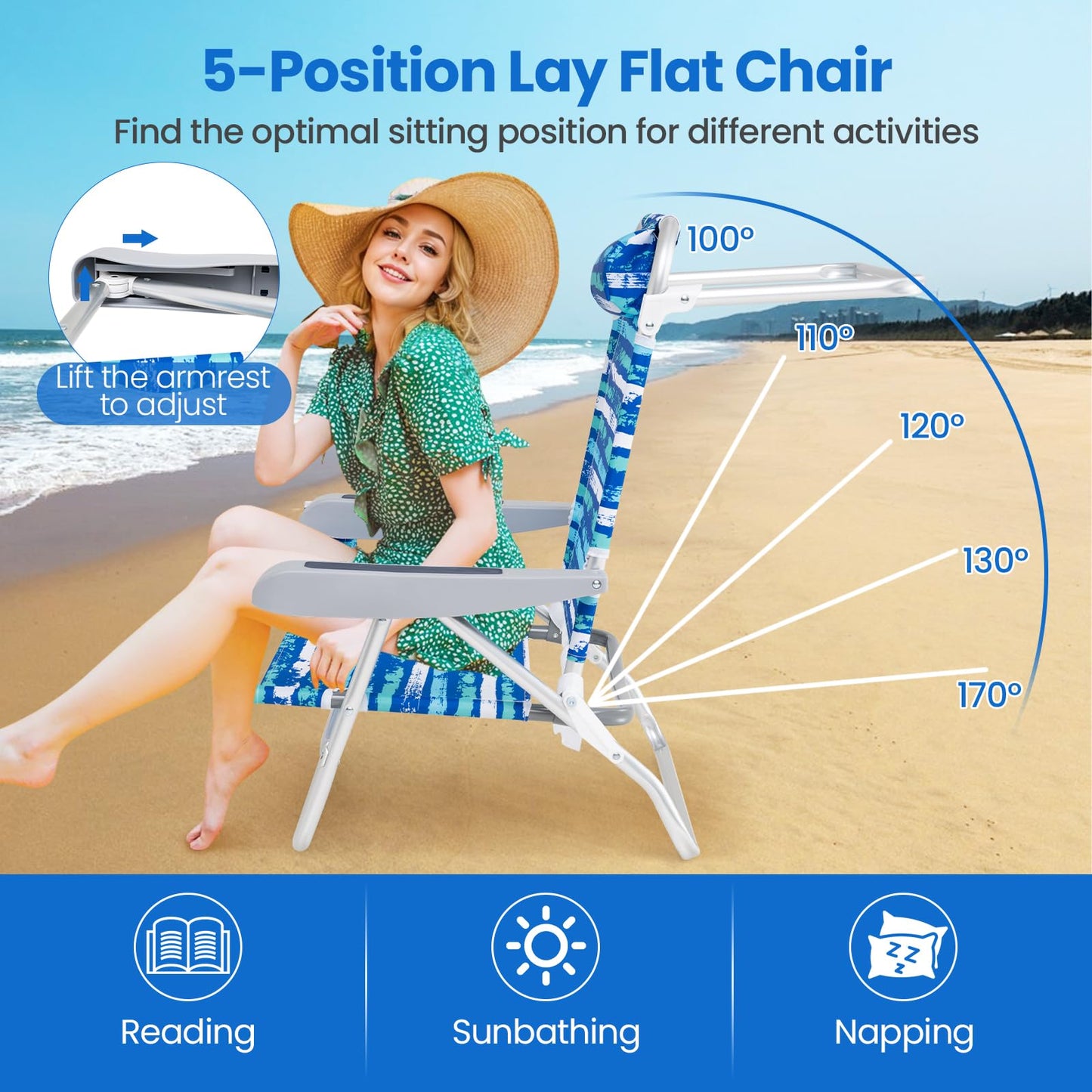 2 Pack Folding Beach Chair Lightweight Lay Flat Lounge Chair
