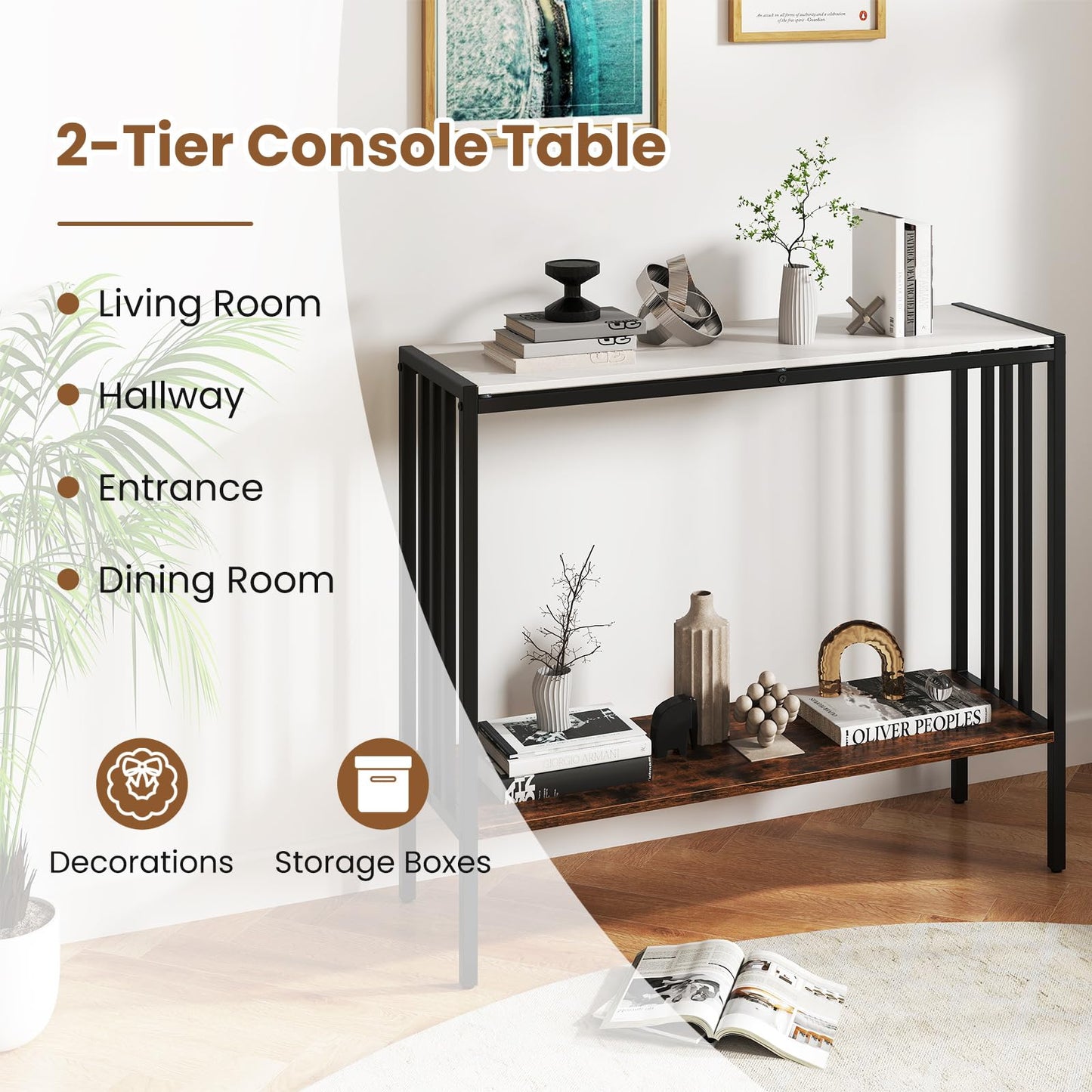 90 CM 2 Tier Industrial Console Foyer Table with Sintered Stone Tabletop