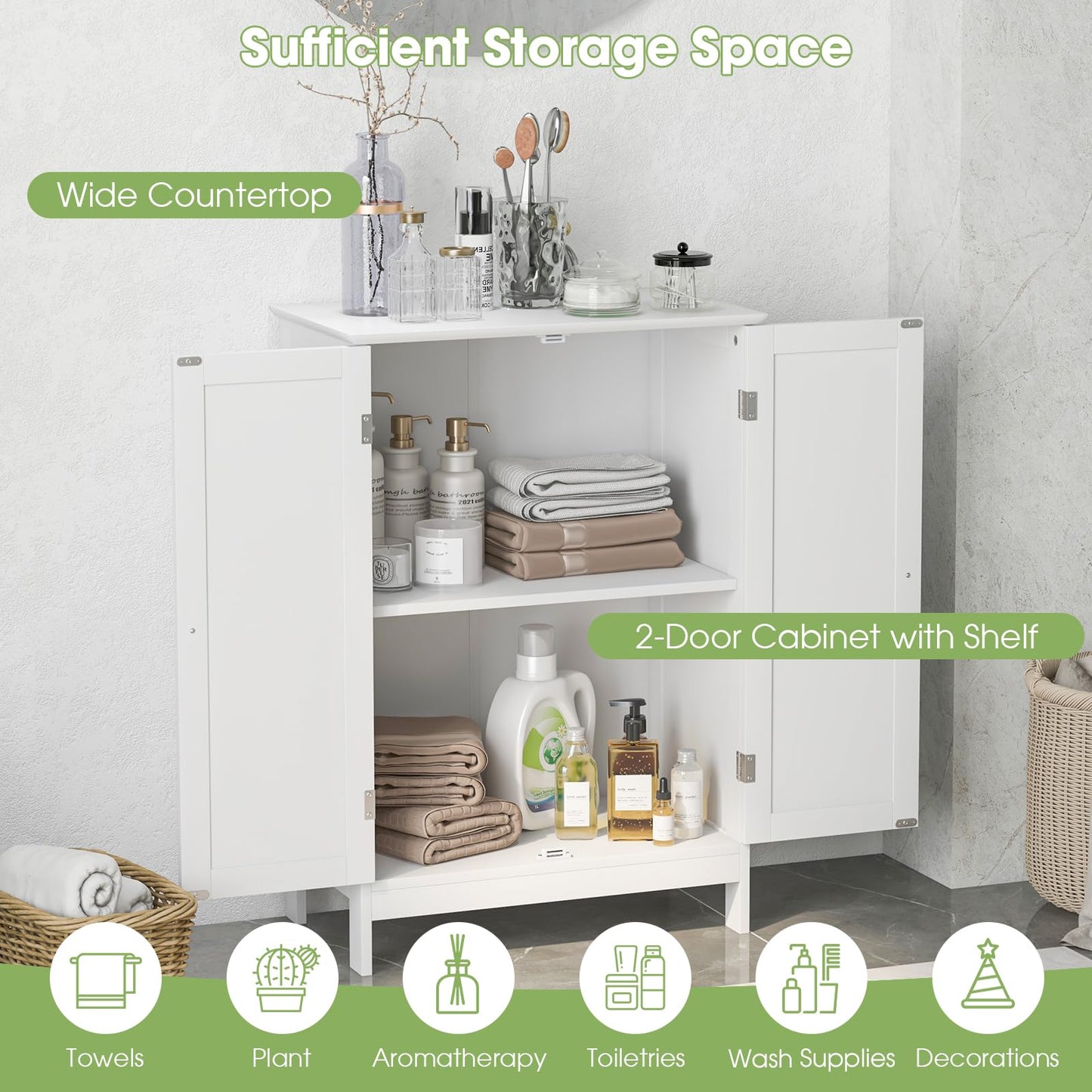 Double Door Bathroom Floor Cabinet with Shelf