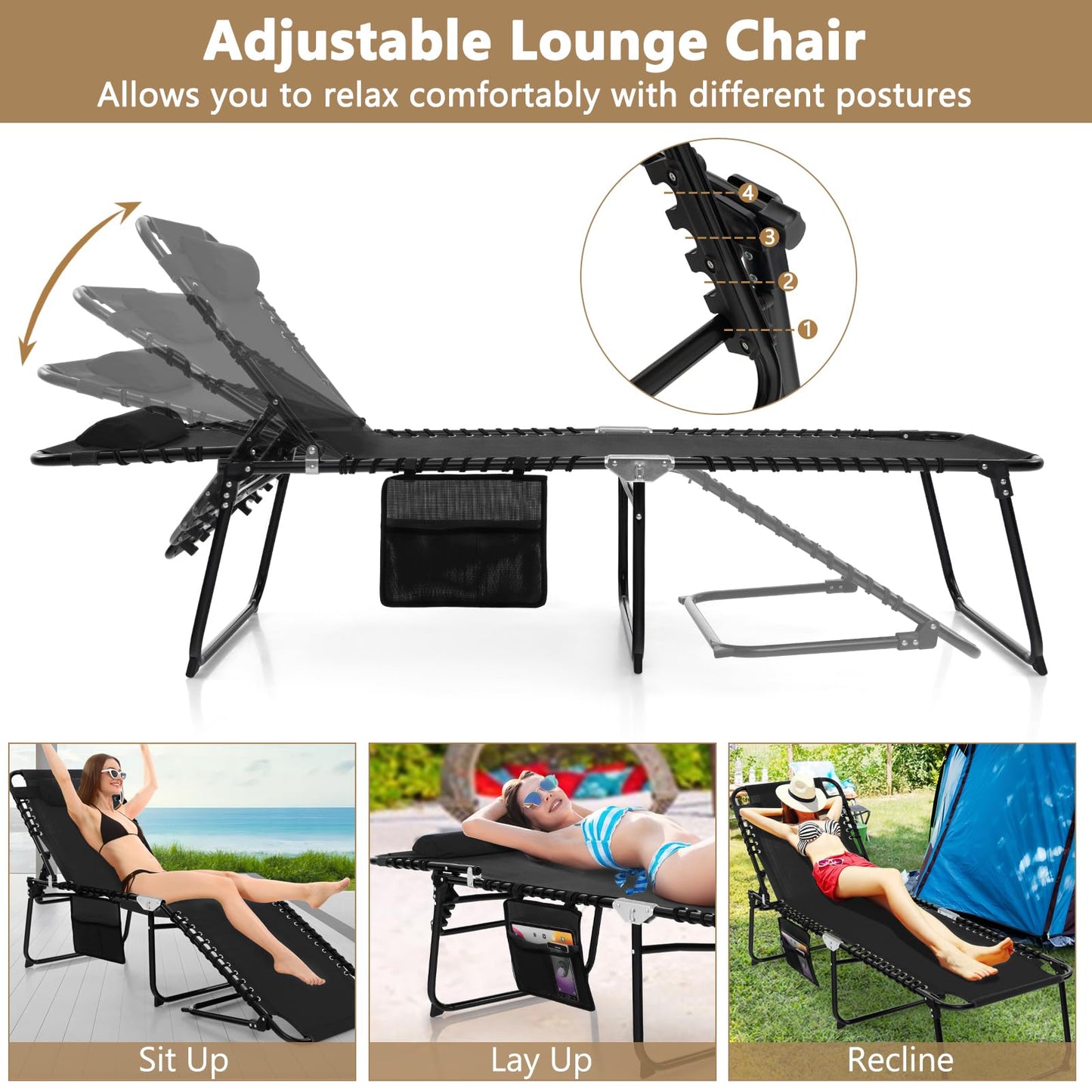 4-Level Adjustable Garden Reclining Chaise Lounge Chair Sunbed with Pillow & Side Pocket