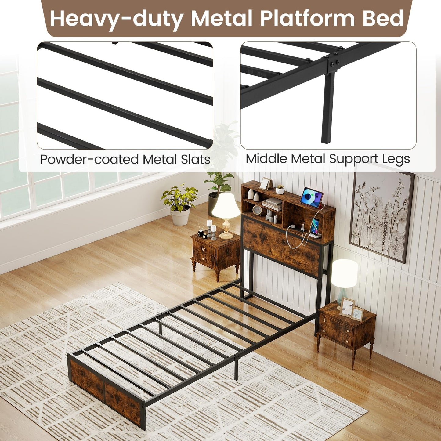 Bed Frame with Charging Station and Storage Headboard