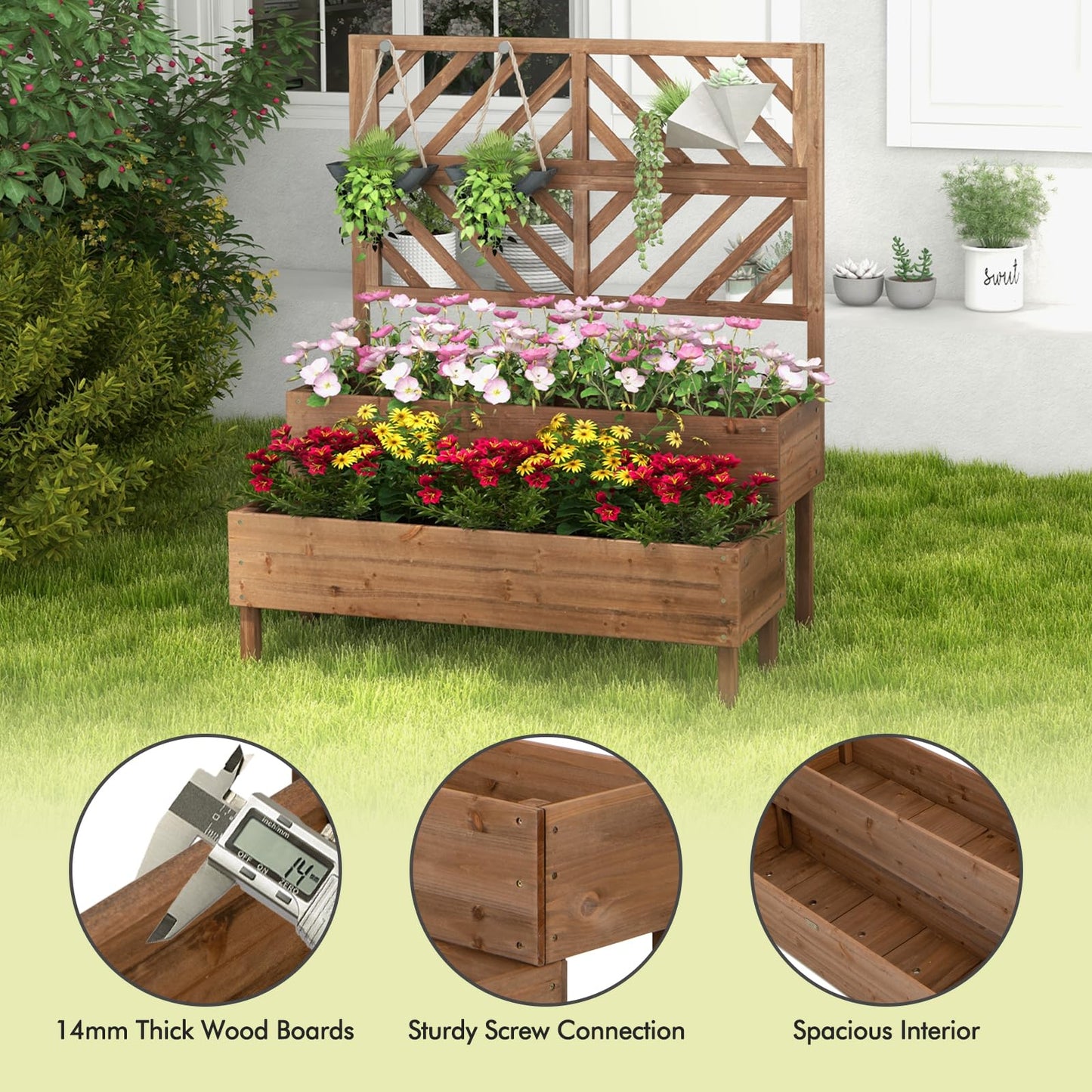 2-Tier Wooden Raised Garden Bed with Trellis and Drainage Holes
